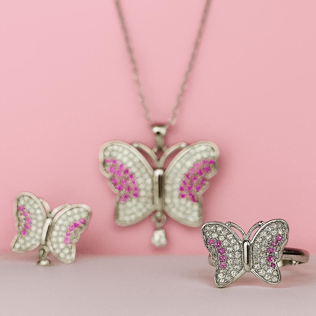 Butterfly Elegance Jewelry Set  Silver with Pink & White