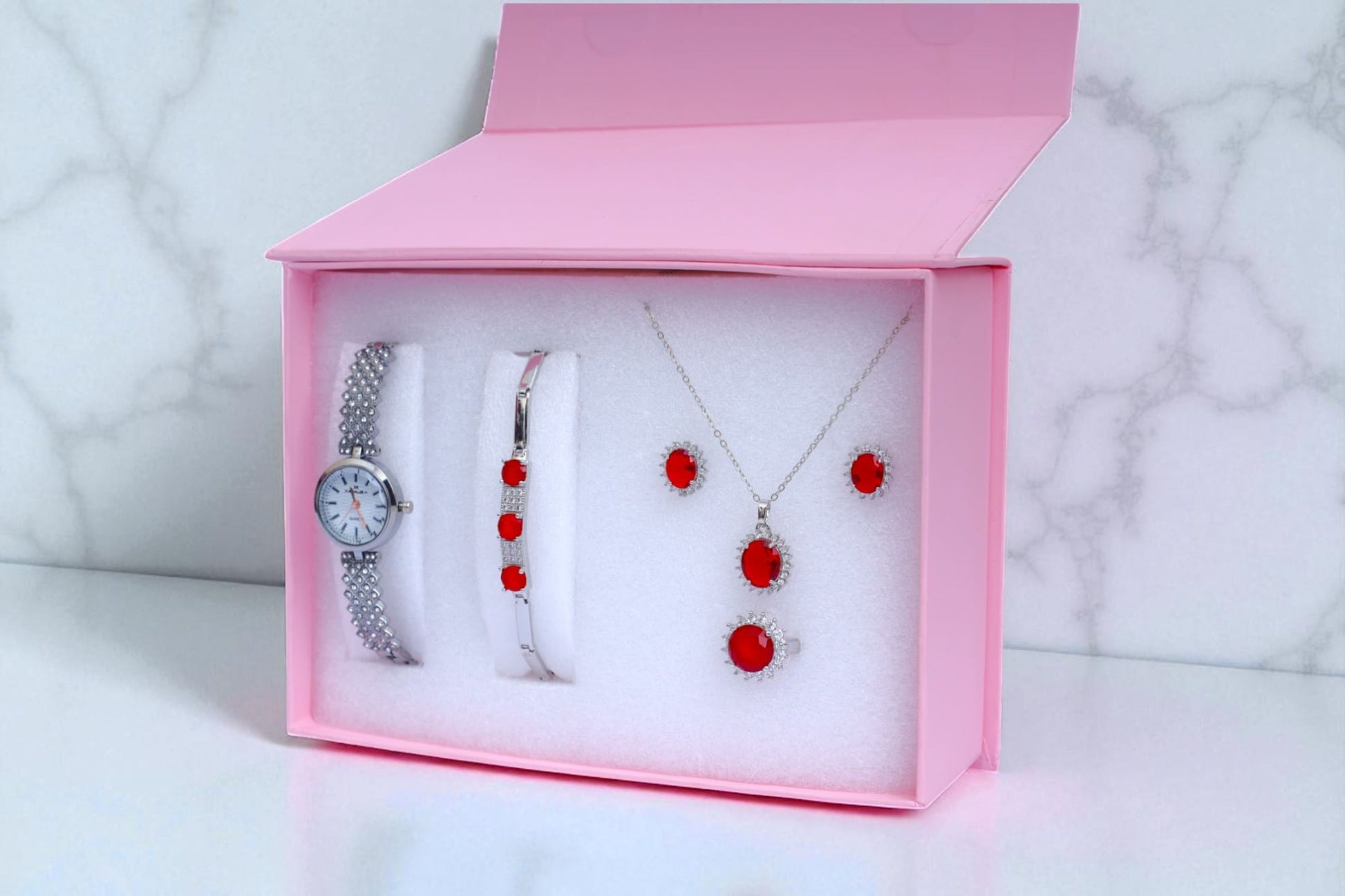 Classic Red Stone Women’s Jewelry & Watch Gift Set Necklace, Earrings, Ring, Bracelet & Watch in Luxury Box