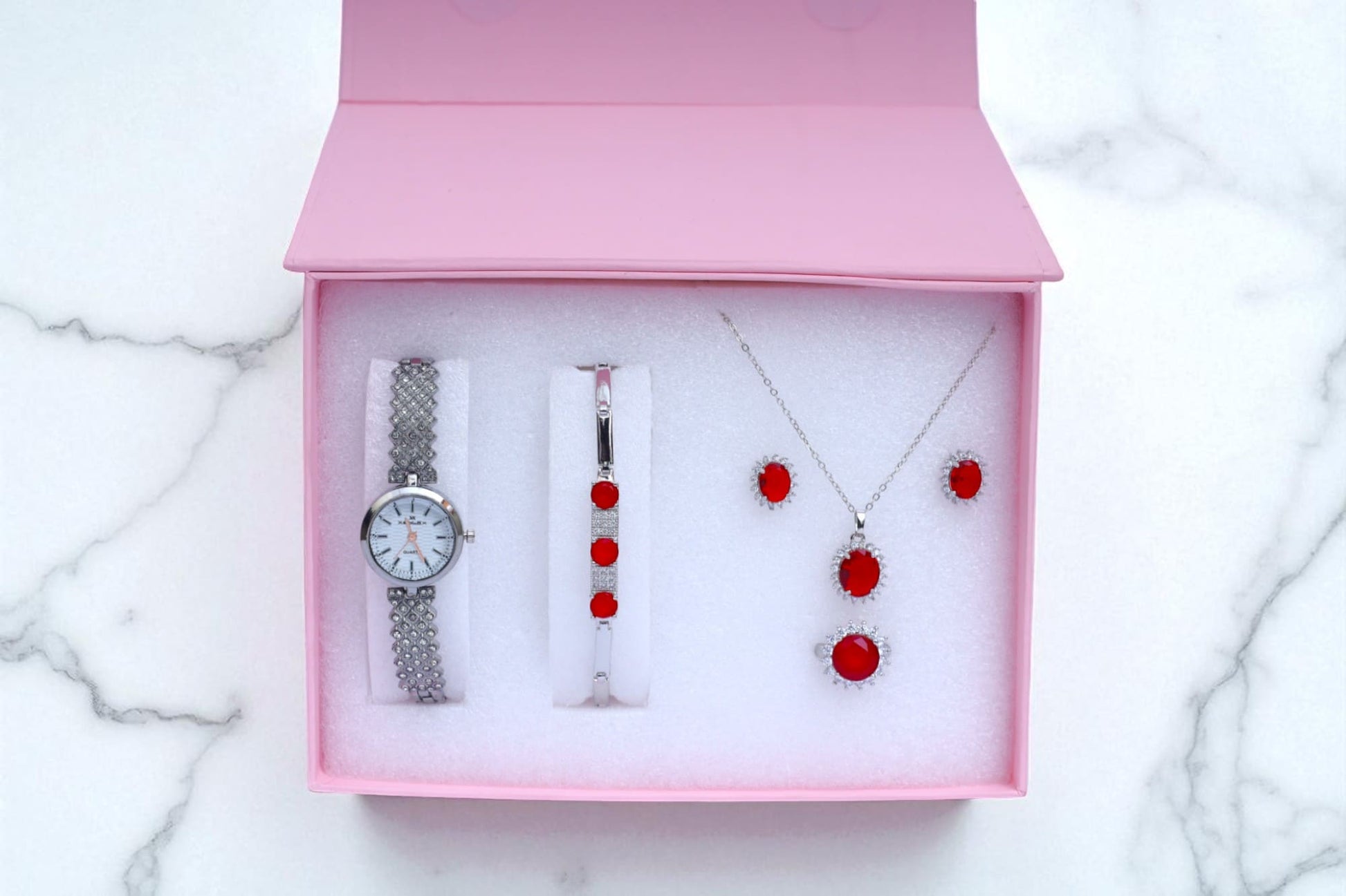 Classic Red Stone Women’s Jewelry & Watch Gift Set Necklace, Earrings, Ring, Bracelet & Watch in Luxury Box