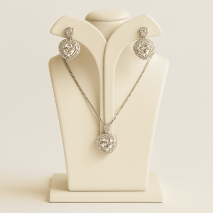 Elegant Heart-Shaped Pendant & Earring Set Silver with Sparkling Stones