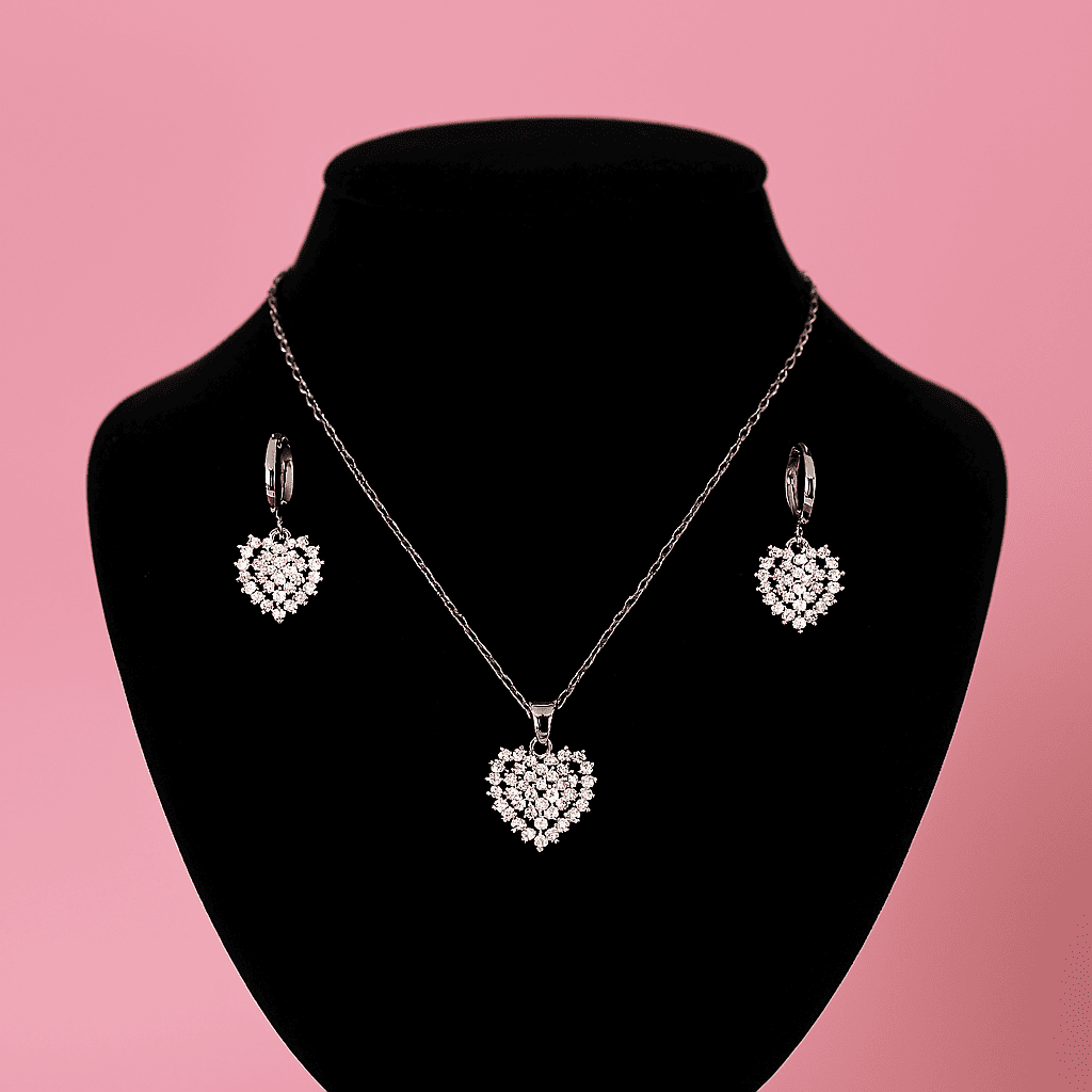 Elegant heart-shaped zircon pendant necklace and matching earrings set displayed on black mannequin against pink background