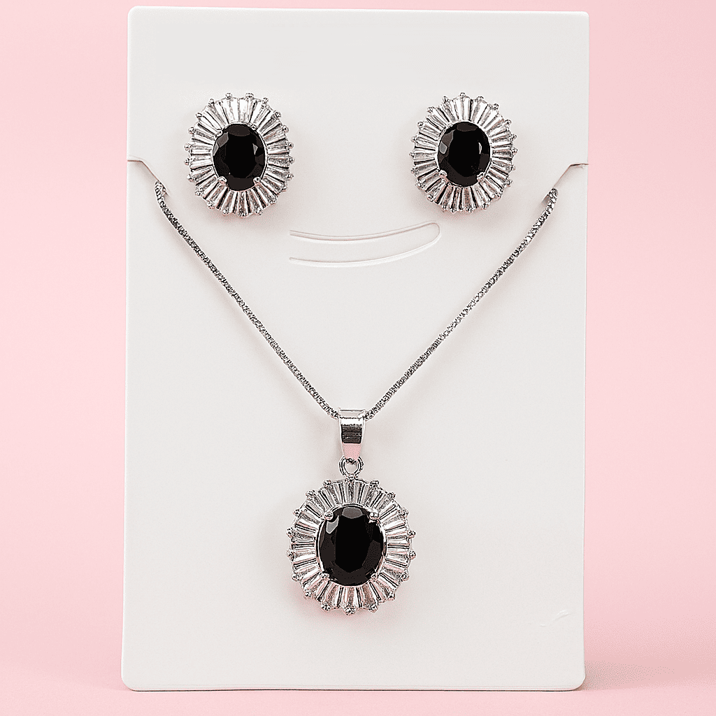 Elegant Oval Black Stone Jewelry Set for Women Necklace & Earrings in Silver Finish