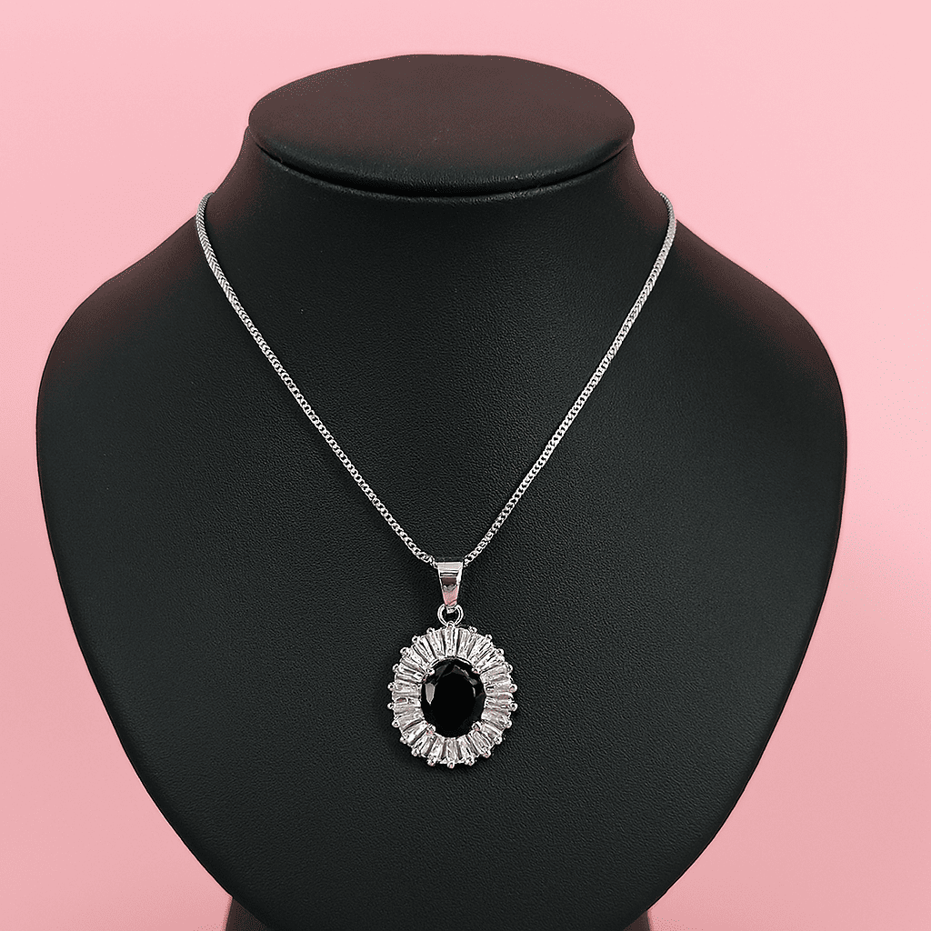 Elegant Oval Black Stone Jewelry Set for Women Necklace & Earrings in Silver Finish