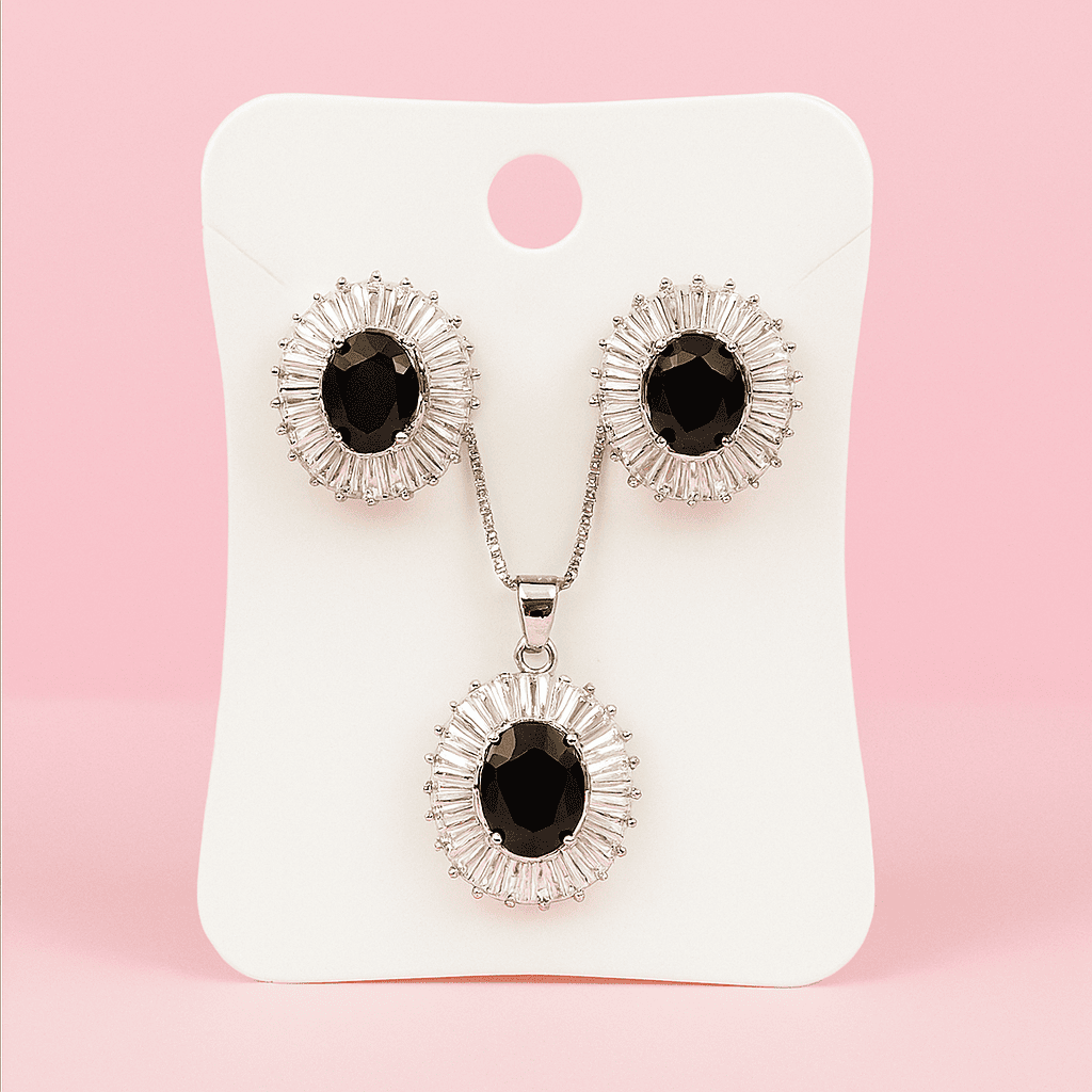 Elegant Oval Black Stone Jewelry Set for Women Necklace & Earrings in Silver Finish