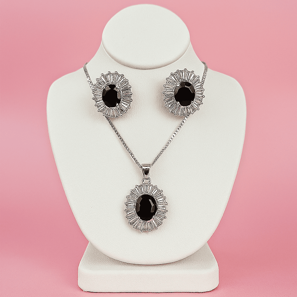 Elegant Oval Black Stone Jewelry Set for Women Necklace & Earrings in Silver Finish