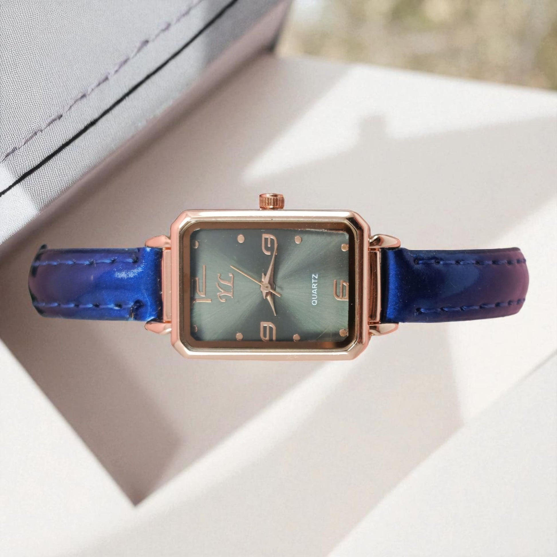 Elegant Rectangular Dial Watch Rose Gold Case with Blue Strap for Girls