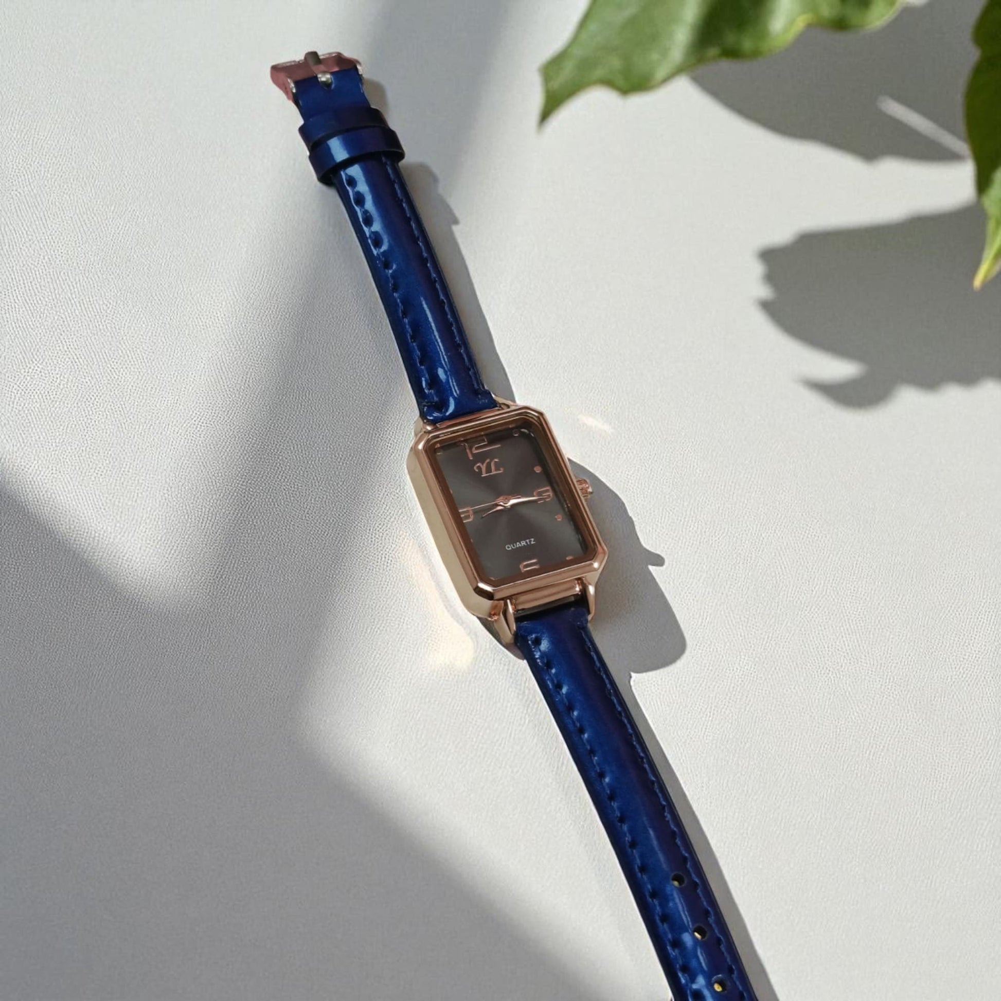 Elegant Rectangular Dial Watch Rose Gold Case with Blue Strap for Girls