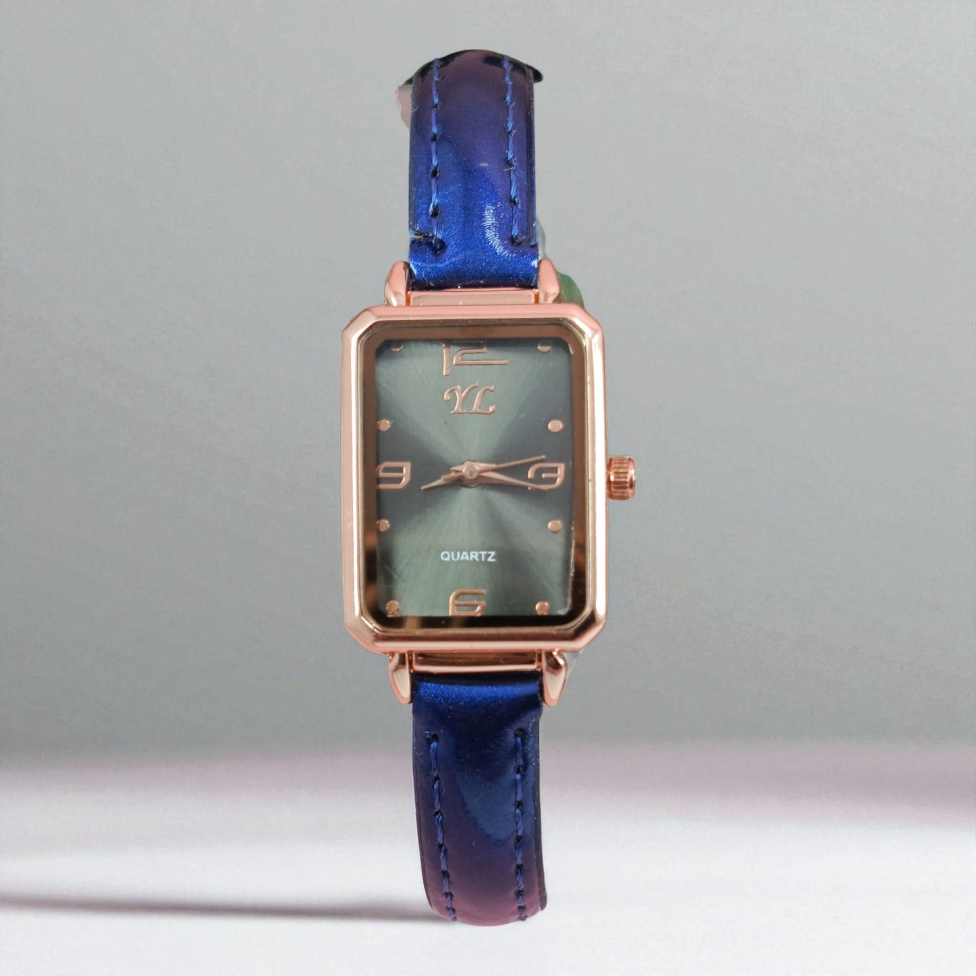 Elegant Rectangular Dial Watch Rose Gold Case with Blue Strap for Girls