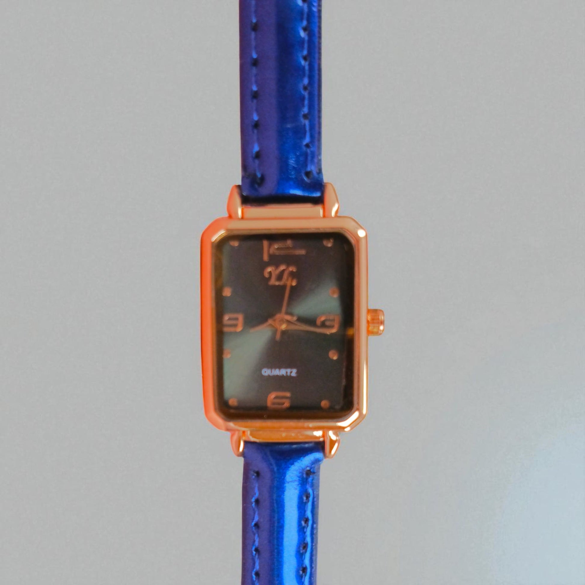 Elegant Rectangular Dial Watch Rose Gold Case with Blue Strap for Girls