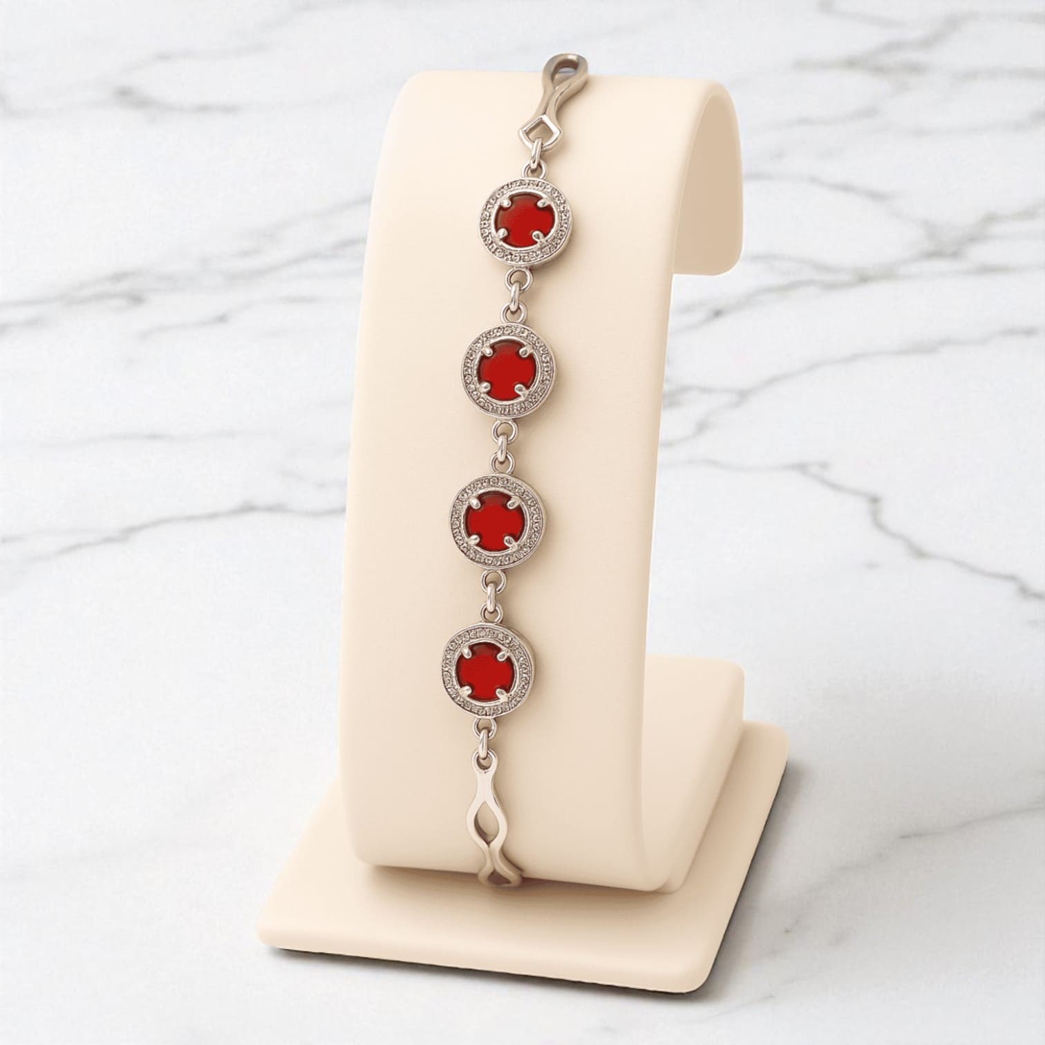 Red Stone Jewelry & Watch Gift Set for Women – Necklace, Bracelet, Earrings & Silver Watch in Luxury Box