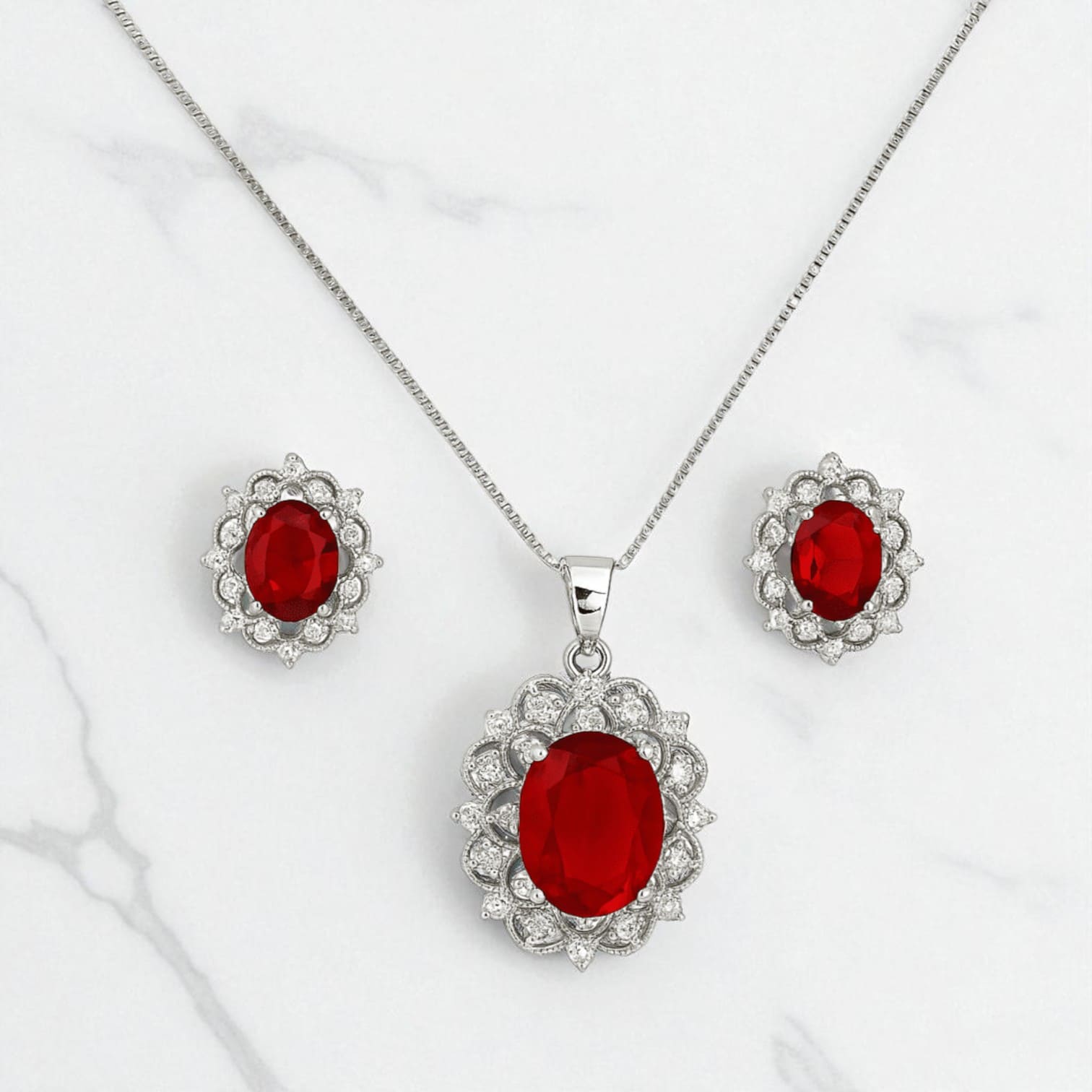 Red Stone Jewelry & Watch Gift Set for Women – Necklace, Bracelet, Earrings & Silver Watch in Luxury Box