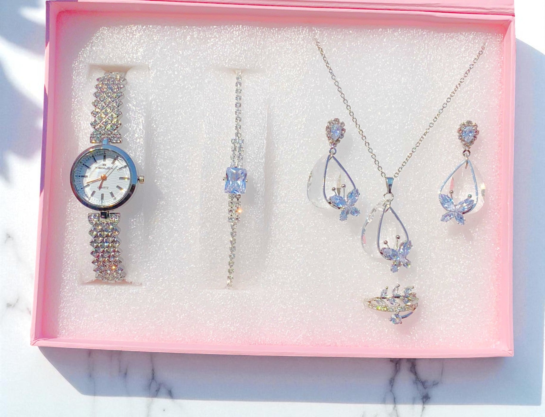 Elegant Silver Crystal Jewelry Set with Watch