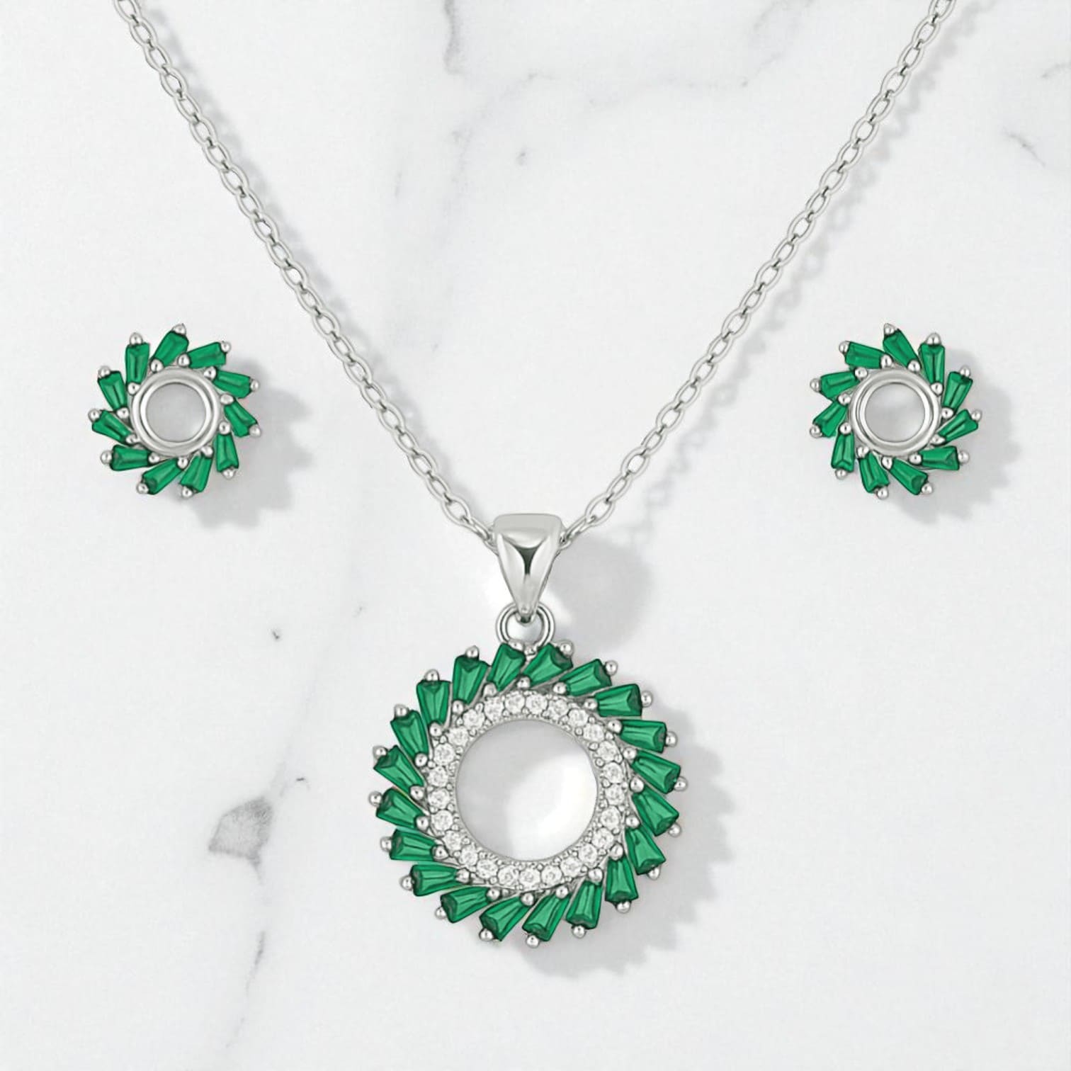 Green & Silver Women’s Jewelry and Watch Gift Set Necklace, Earrings & Bracelet in Luxury Box
