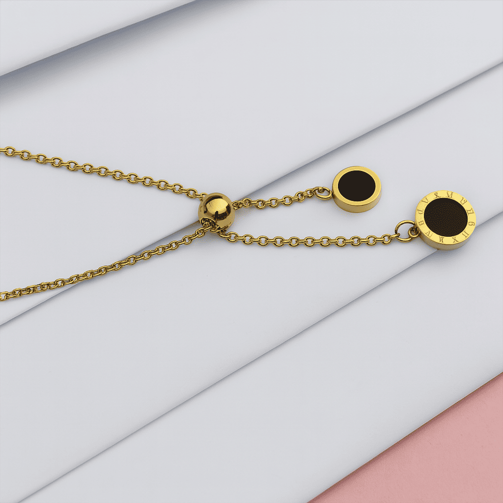 Gold Plated Adjustable Roman Numeral Black Enamel Bracelet Minimalist Chain Design