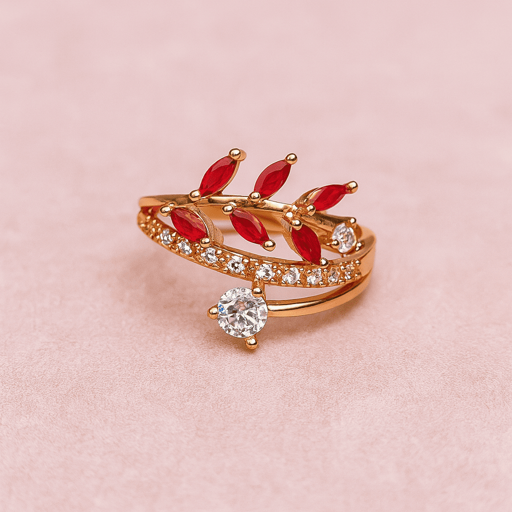 Gold Plated Red Leaf Ring for Women Adjustable Stylish Zircon Ring