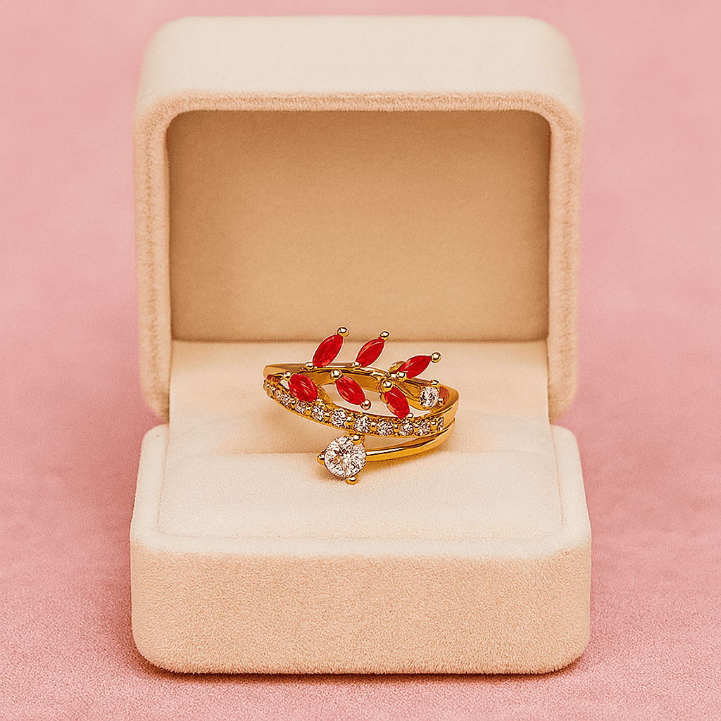 Gold Plated Red Leaf Ring for Women Adjustable Stylish Zircon Ring