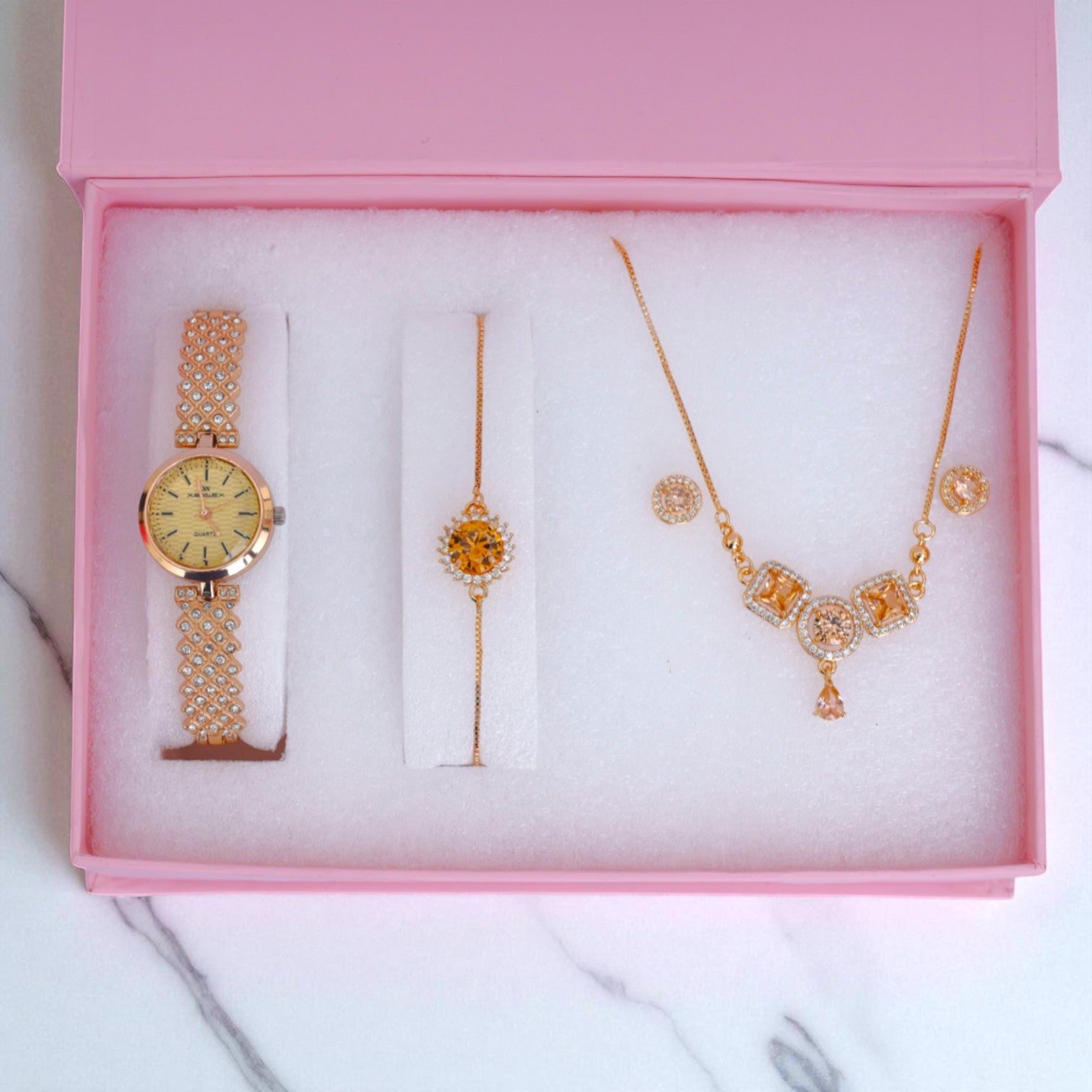 Gold & Champagne Crystal Jewelry and Watch Gift Set Necklace, Bracelet & Earrings for Women
