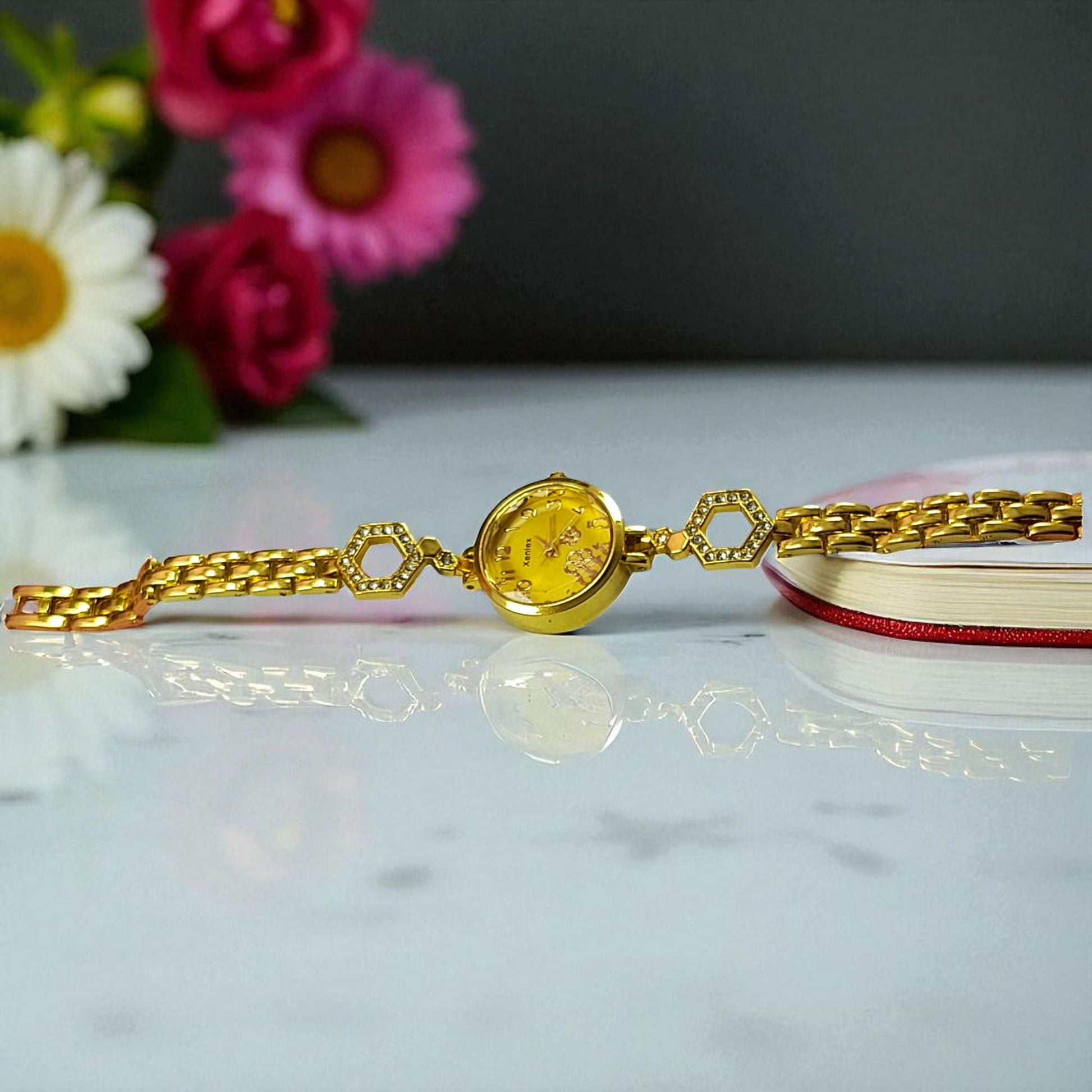 Gold Crystal Bracelet Watch for Women Floral Dial for girls