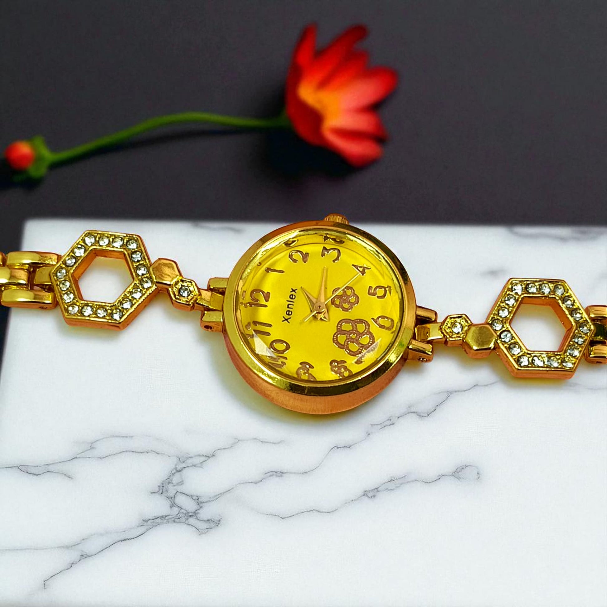 Gold Crystal Bracelet Watch for Women Floral Dial for girls