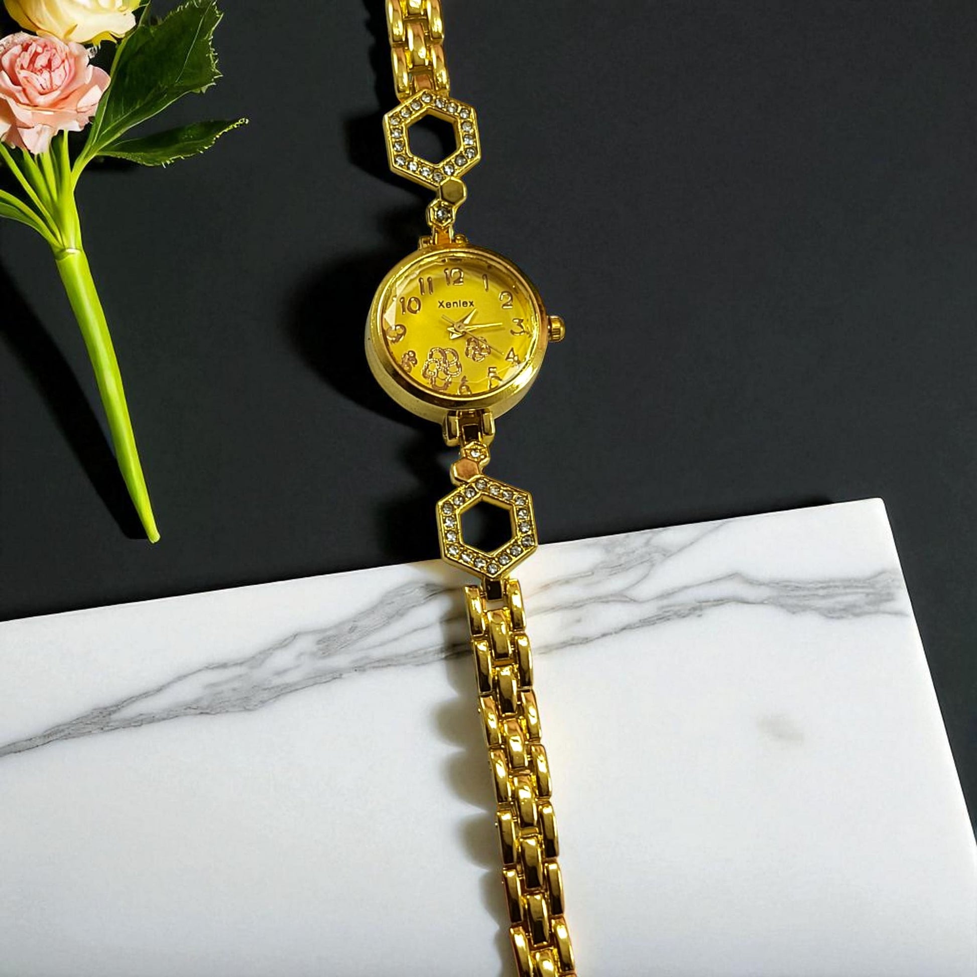 Gold Crystal Bracelet Watch for Women Floral Dial for girls