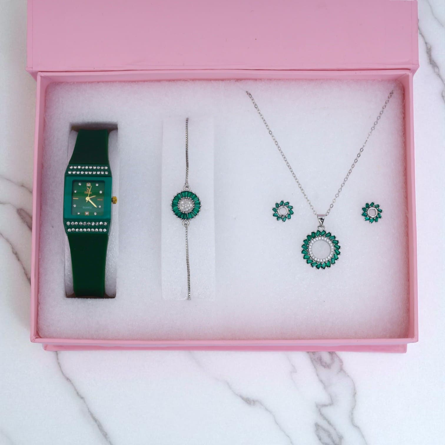 Green & Silver Women’s Jewelry and Watch Gift Set Necklace, Earrings & Bracelet in Luxury Box
