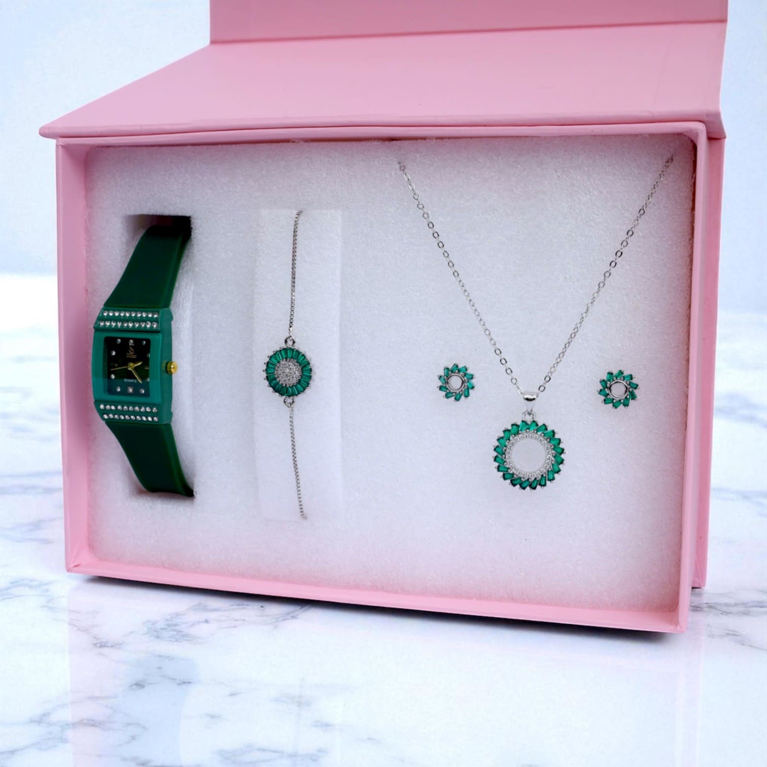 Green & Silver Women’s Jewelry and Watch Gift Set Necklace, Earrings & Bracelet in Luxury Box