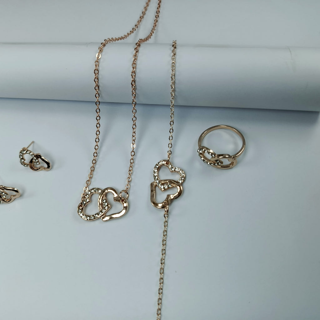 Elegant Double Heart Jewelry Set – Necklace, Bracelet, Ring & Earrings