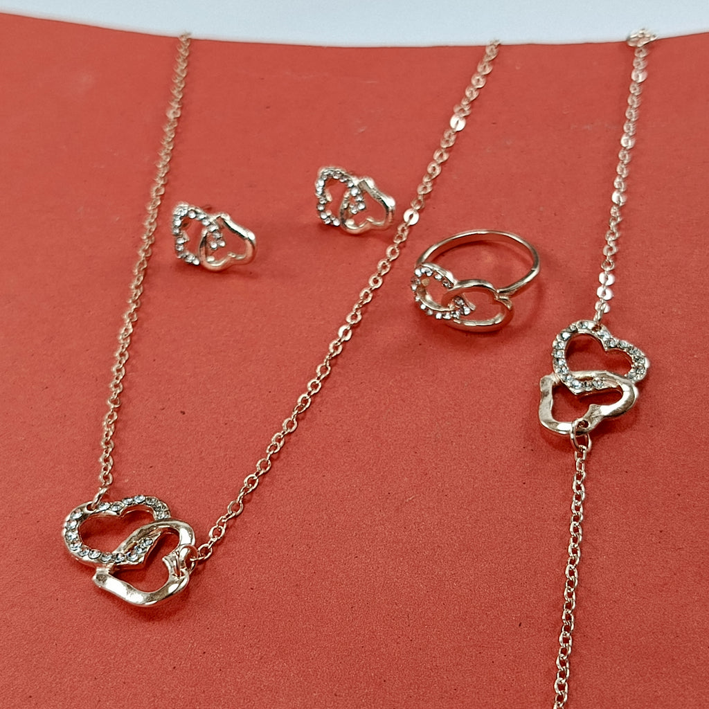 Elegant Double Heart Jewelry Set – Necklace, Bracelet, Ring & Earrings