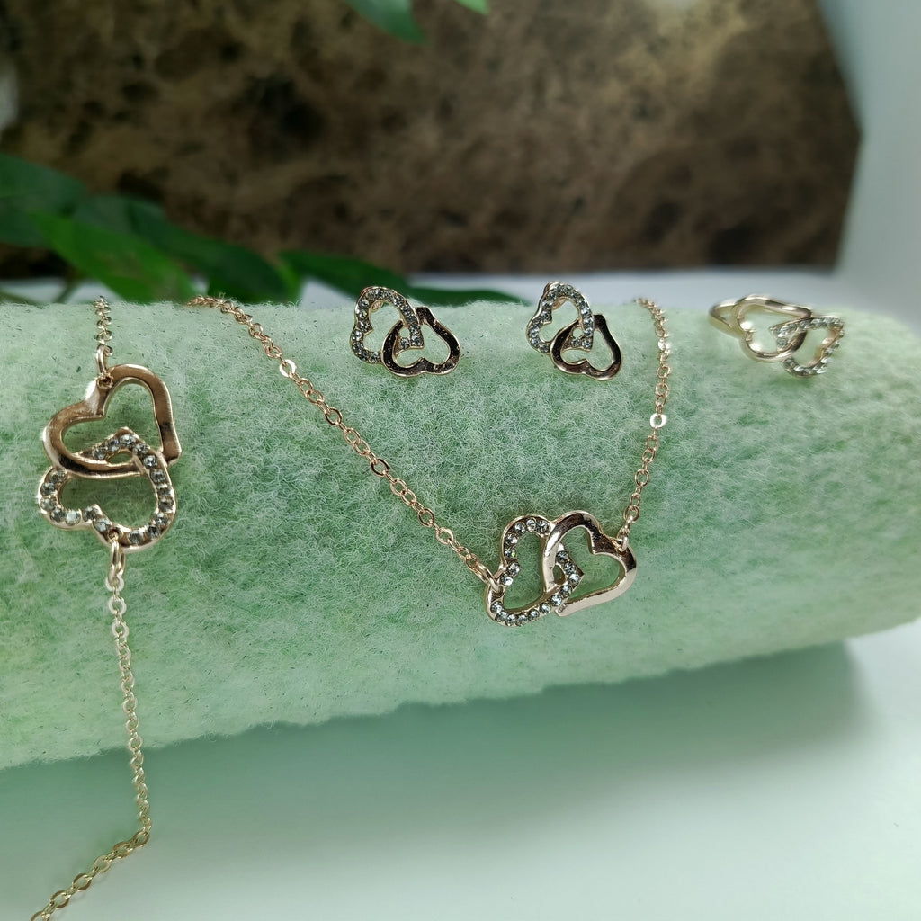 Elegant Double Heart Jewelry Set – Necklace, Bracelet, Ring & Earrings