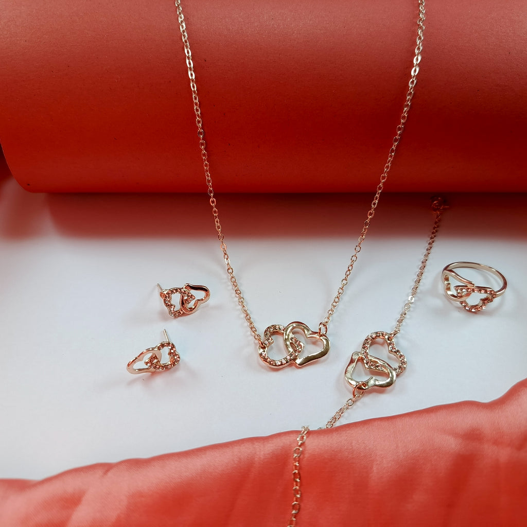Elegant Double Heart Jewelry Set – Necklace, Bracelet, Ring & Earrings
