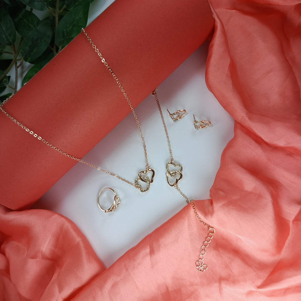 Elegant Double Heart Jewelry Set – Necklace, Bracelet, Ring & Earrings