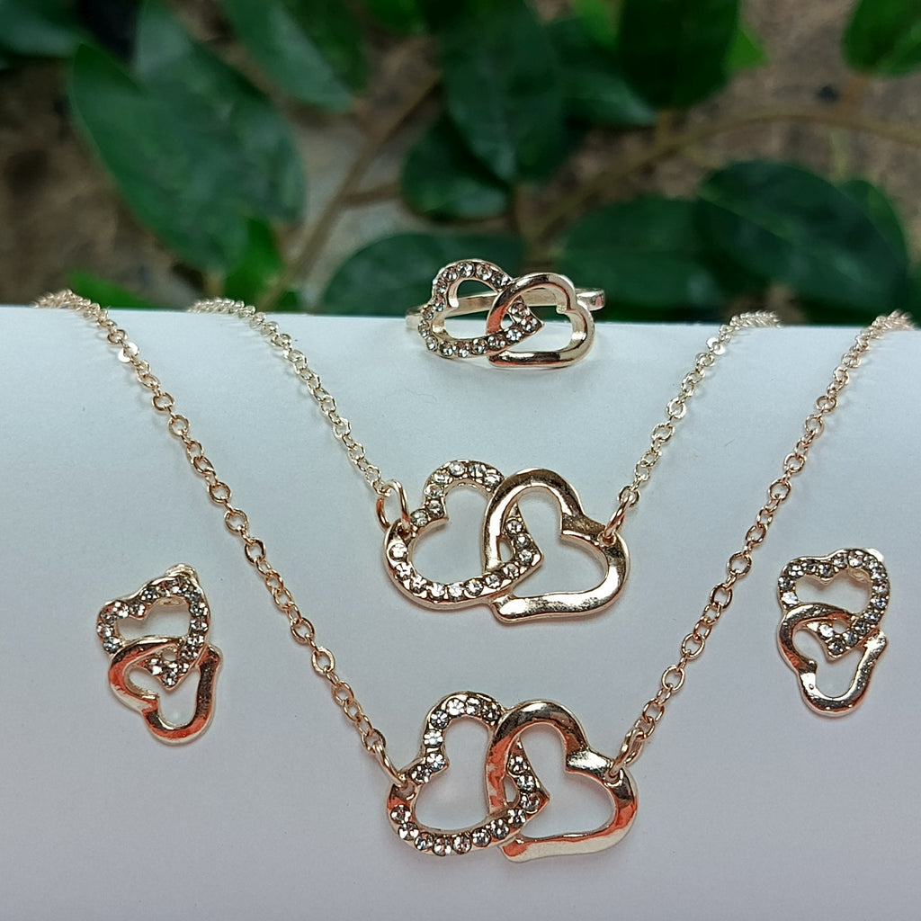 Elegant Double Heart Jewelry Set – Necklace, Bracelet, Ring & Earrings