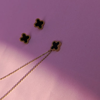 Elegant Black Clover Pendant & Earring Set