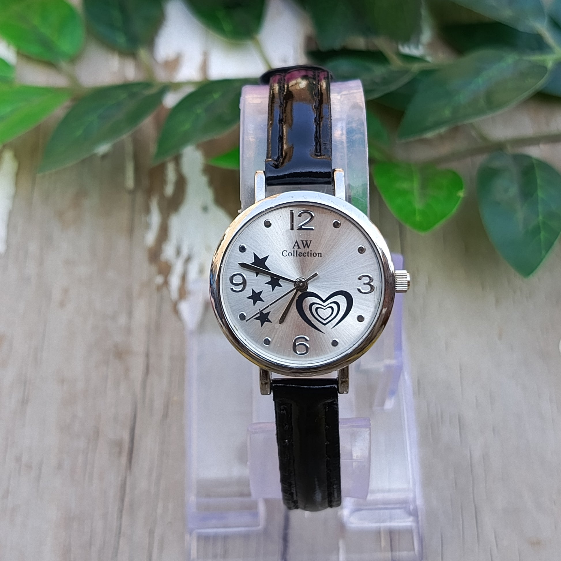 Silver Dial Girls' Watch – Star & Heart Design with Black Strap