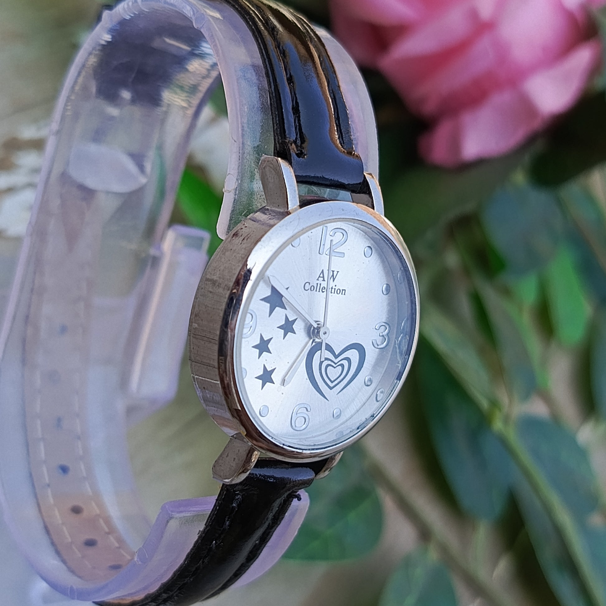 Silver Dial Girls' Watch – Star & Heart Design with Black Strap
