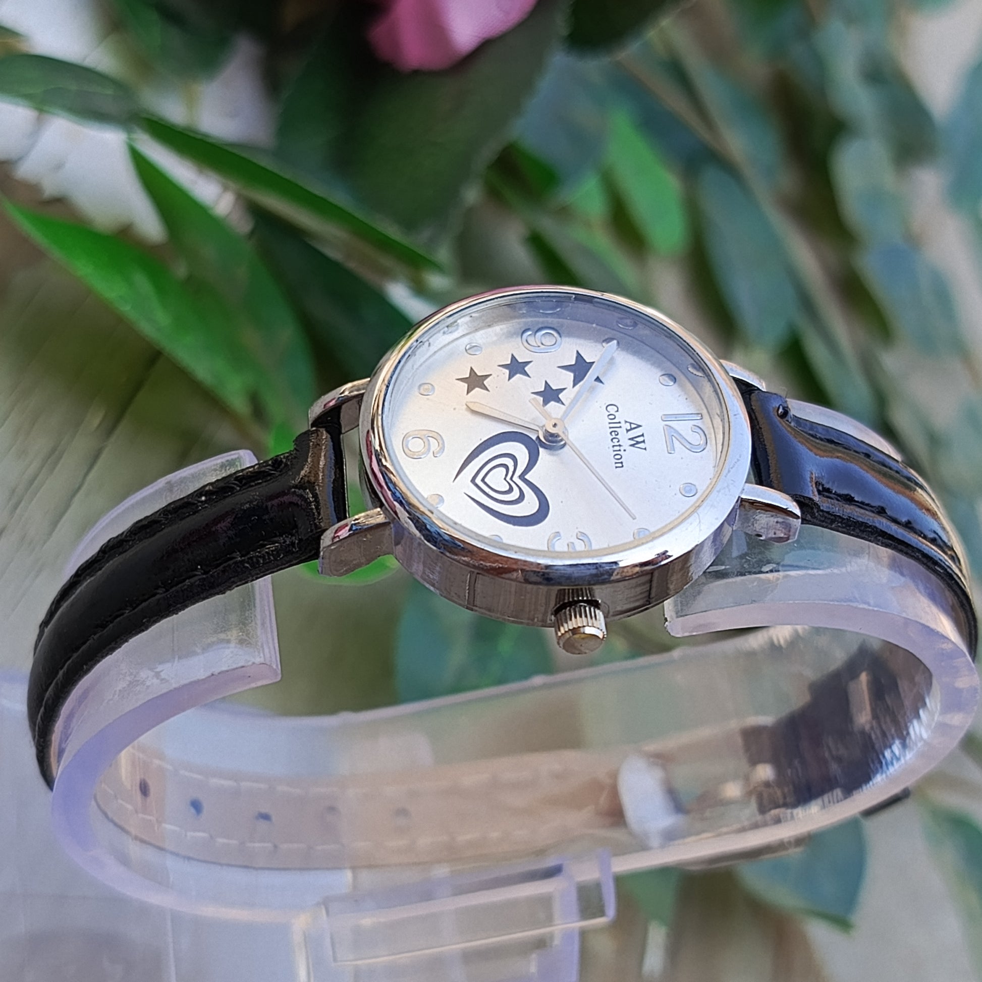 Silver Dial Girls' Watch – Star & Heart Design with Black Strap