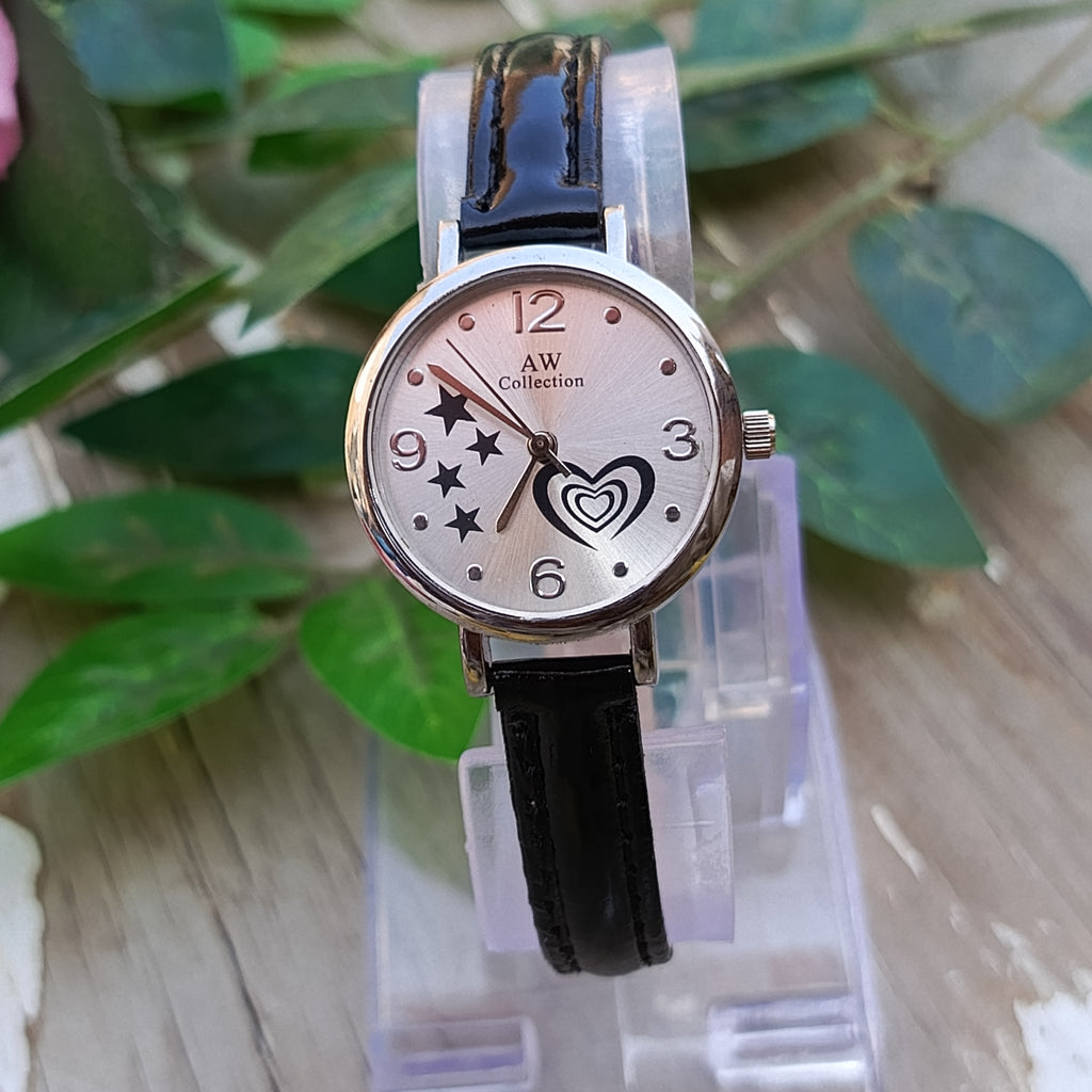 Silver Dial Girls' Watch – Star & Heart Design with Black Strap