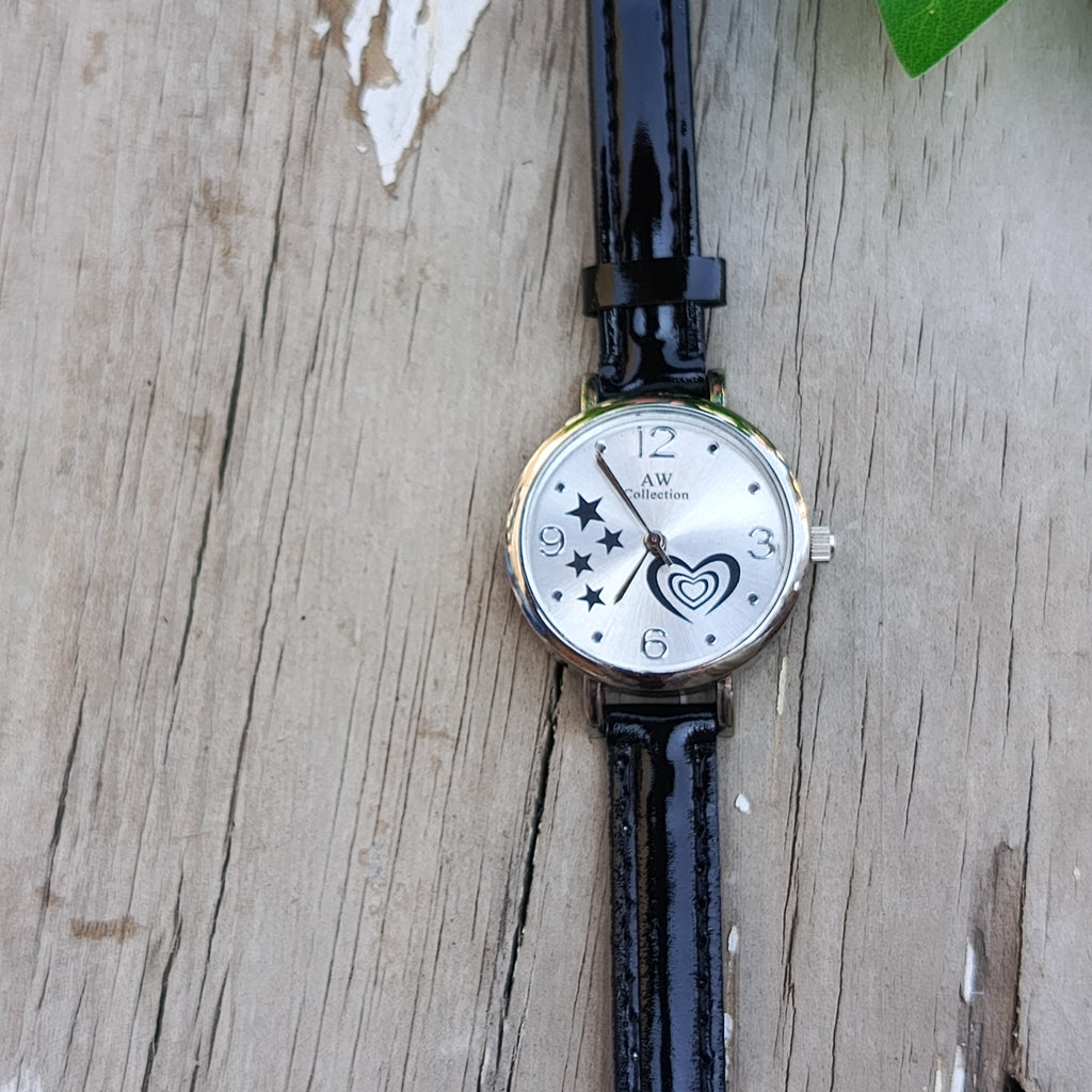 Silver Dial Girls' Watch – Star & Heart Design with Black Strap