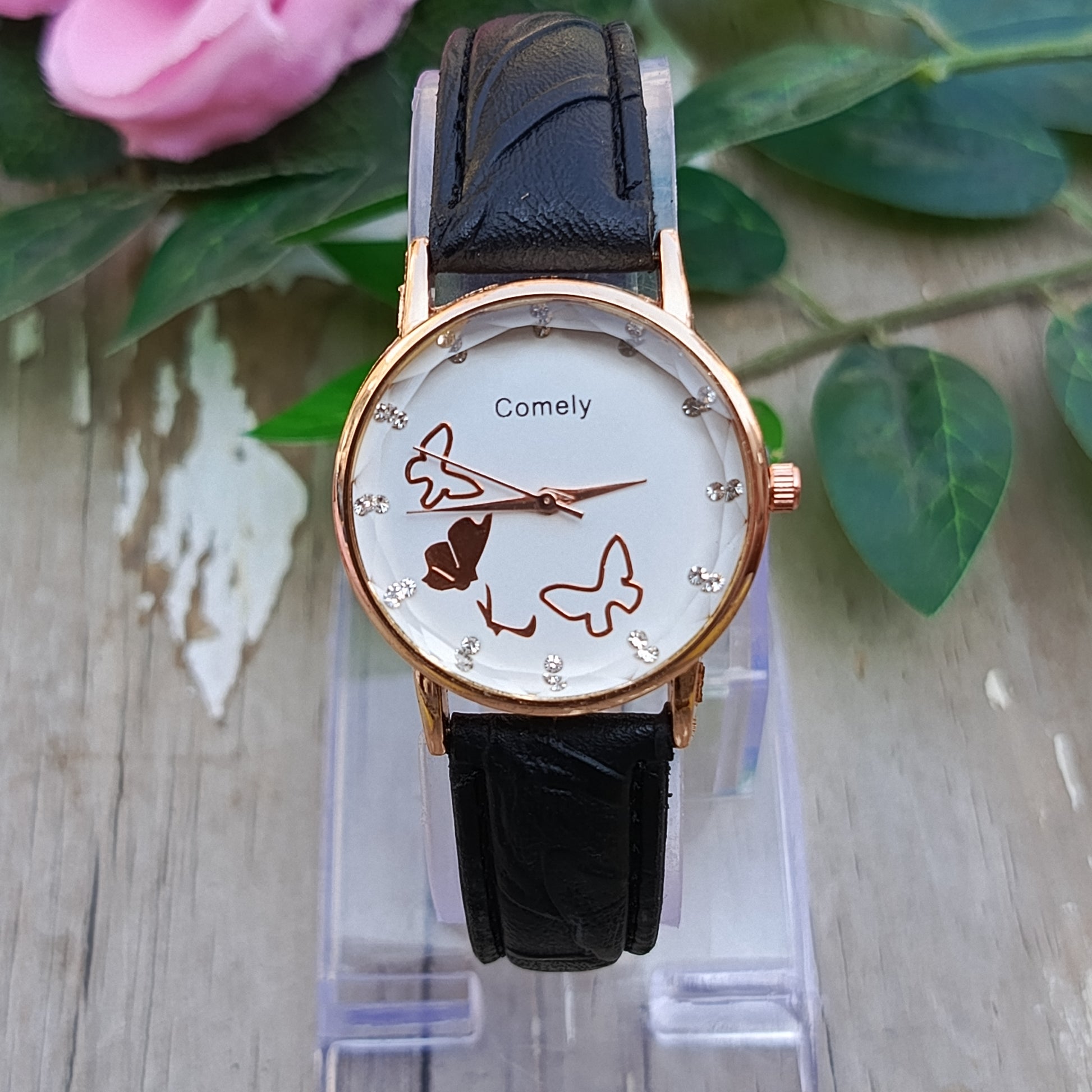 Rose Gold Case with Black Strap - Butterfly Dial Ladies Watch
