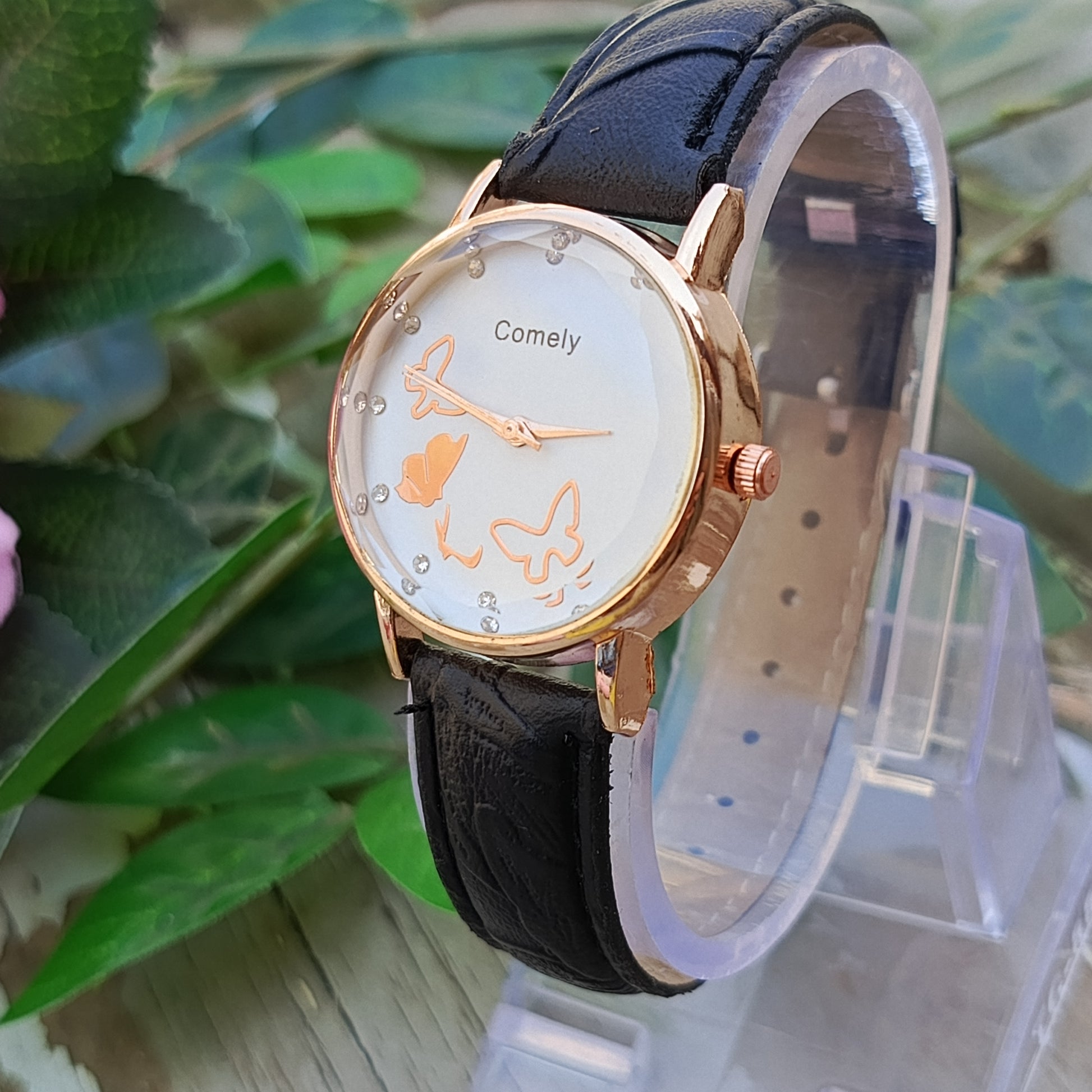 Rose Gold Case with Black Strap - Butterfly Dial Ladies Watch