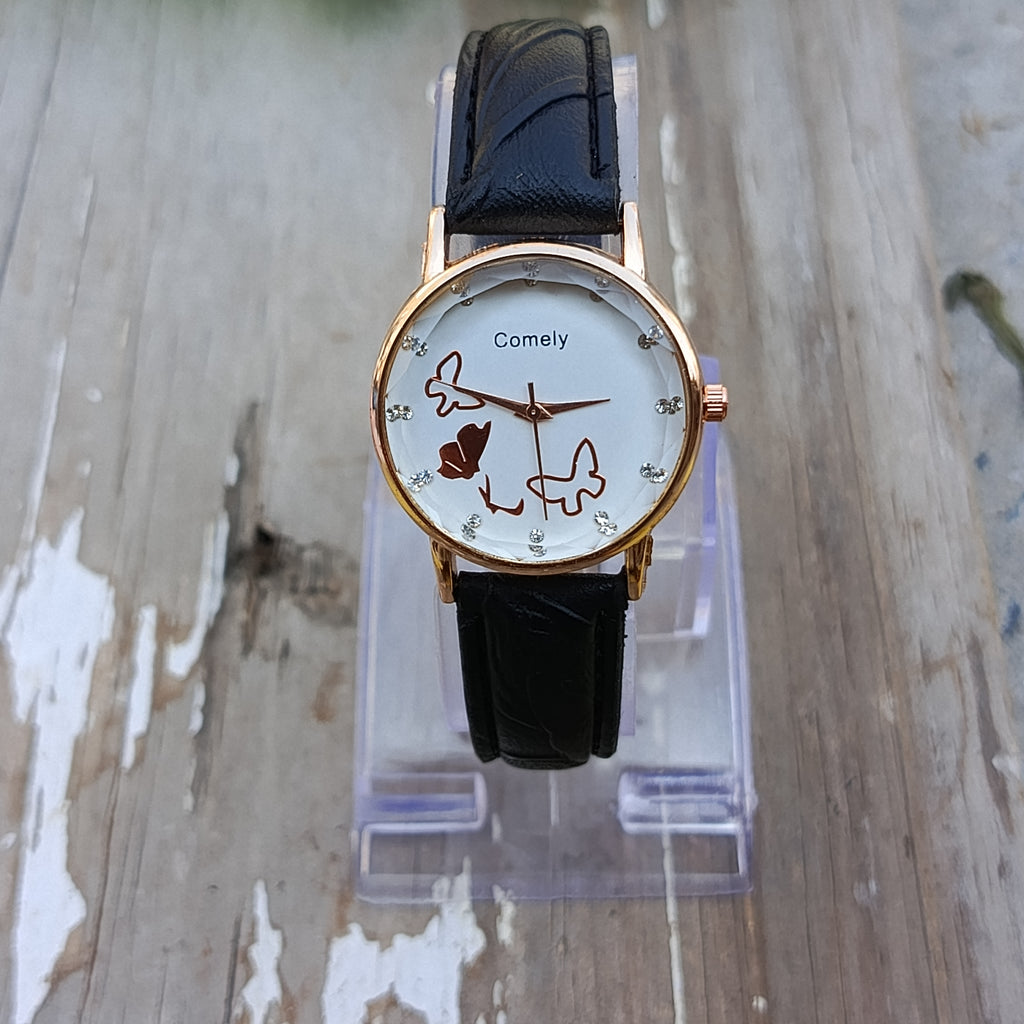Rose Gold Case with Black Strap - Butterfly Dial Ladies Watch