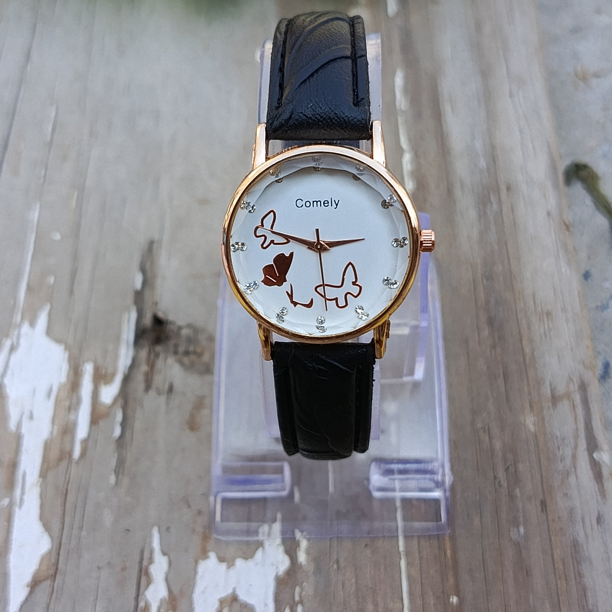 Rose Gold Case with Black Strap - Butterfly Dial Ladies Watch