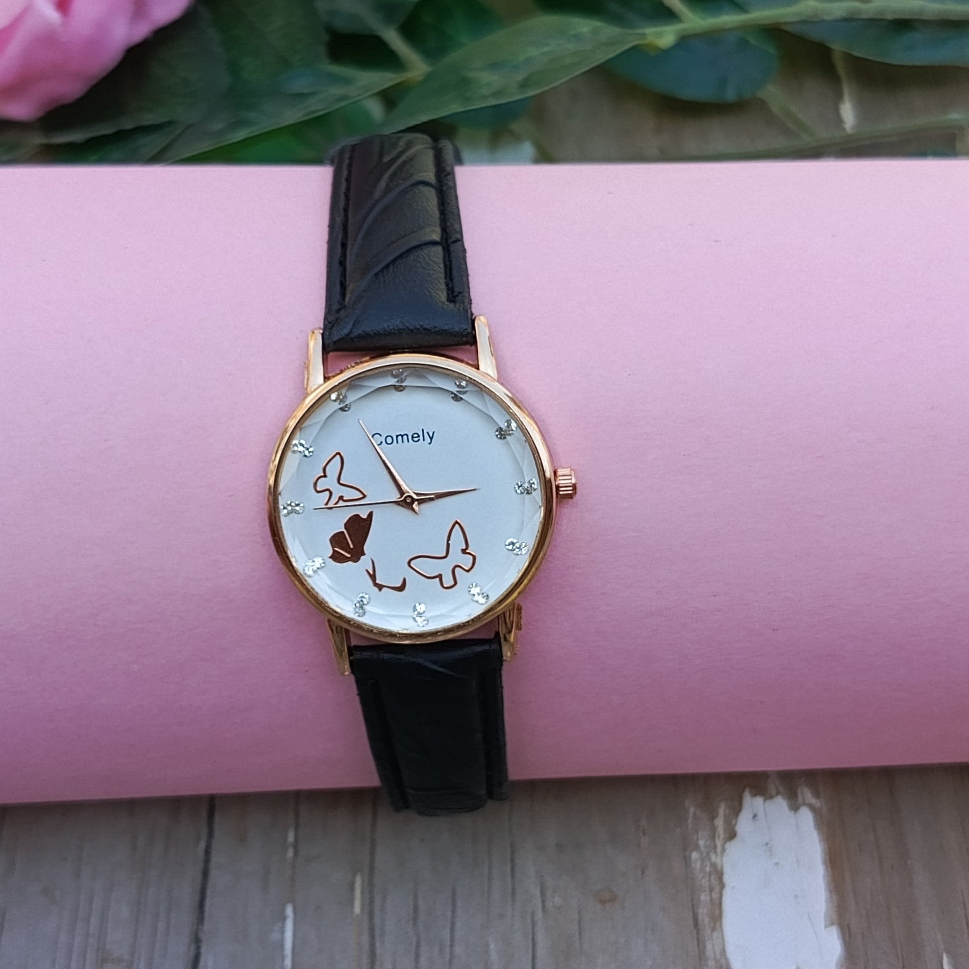 Rose Gold Case with Black Strap - Butterfly Dial Ladies Watch