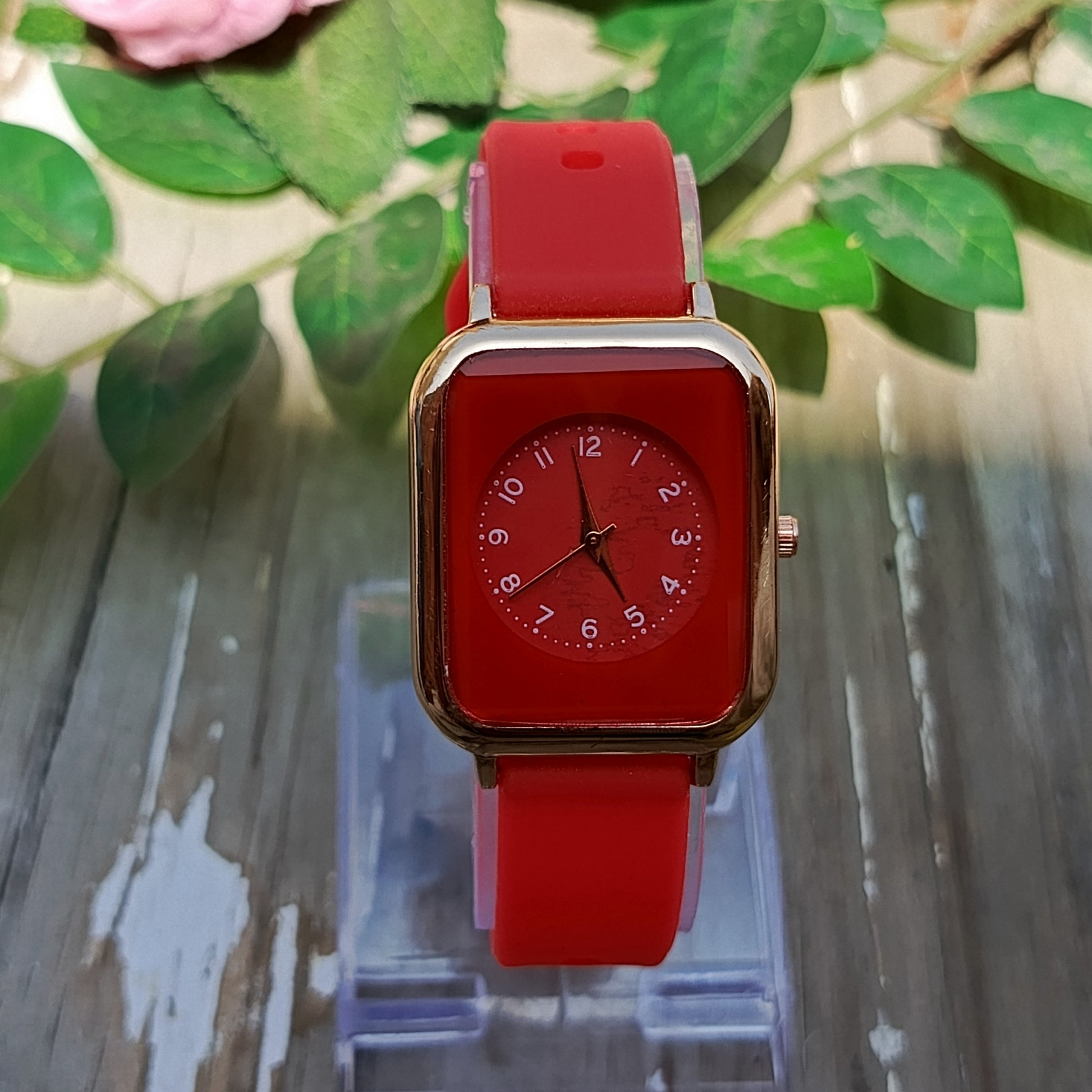 Red Square Dial Watch for Girls – Silicone Strap Fashion Watch