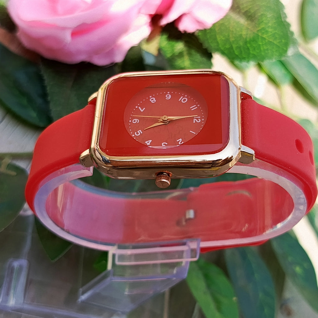 Red Square Dial Watch for Girls – Silicone Strap Fashion Watch