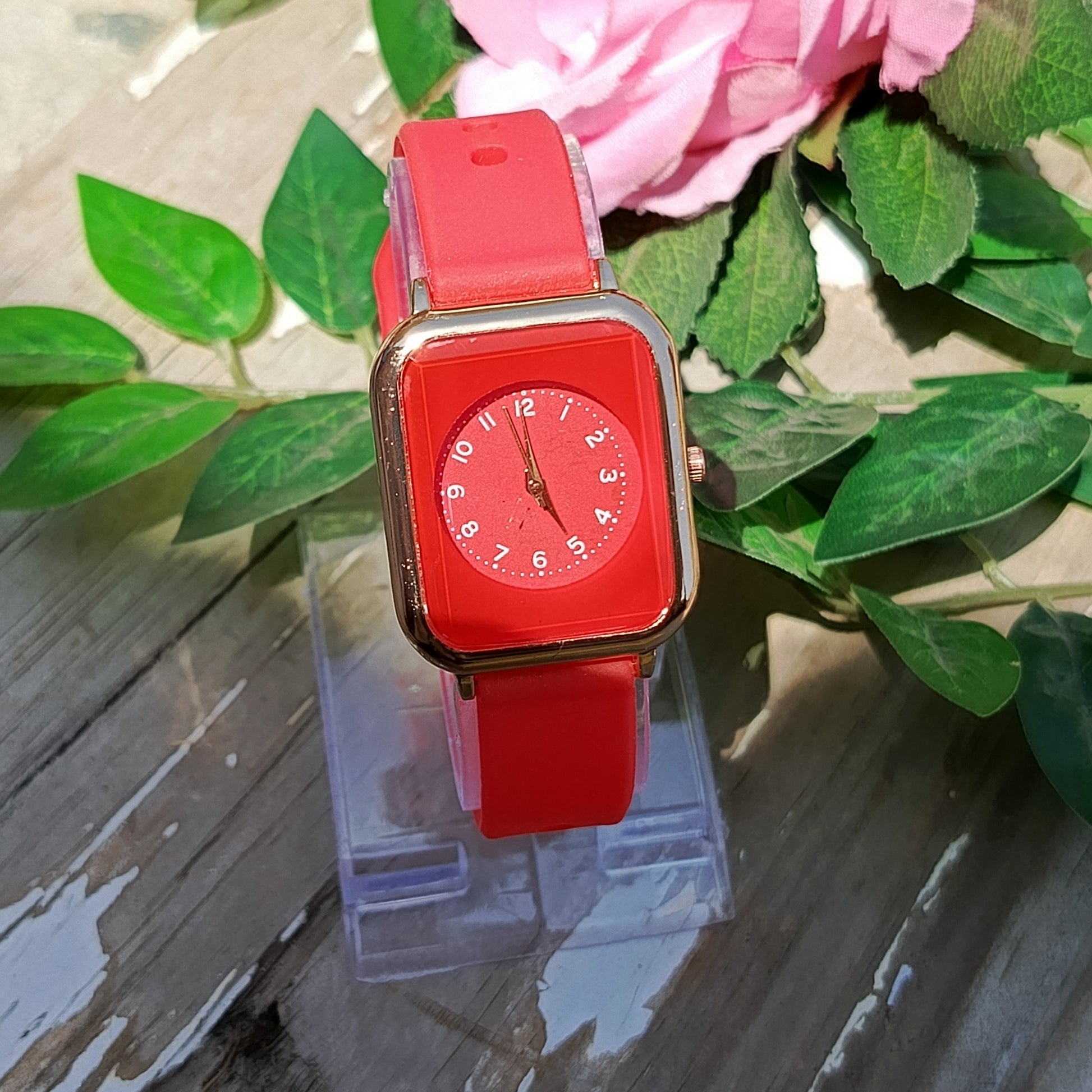 Red Square Dial Watch for Girls – Silicone Strap Fashion Watch