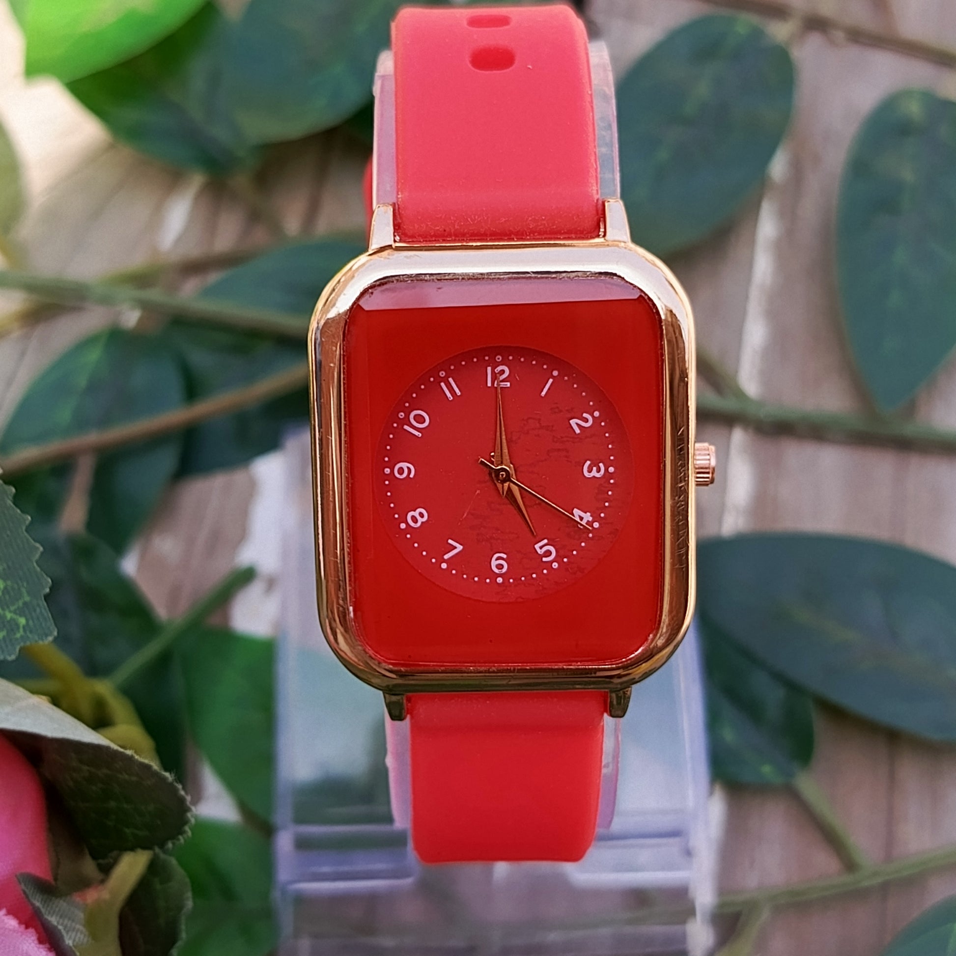 Red Square Dial Watch for Girls – Silicone Strap Fashion Watch