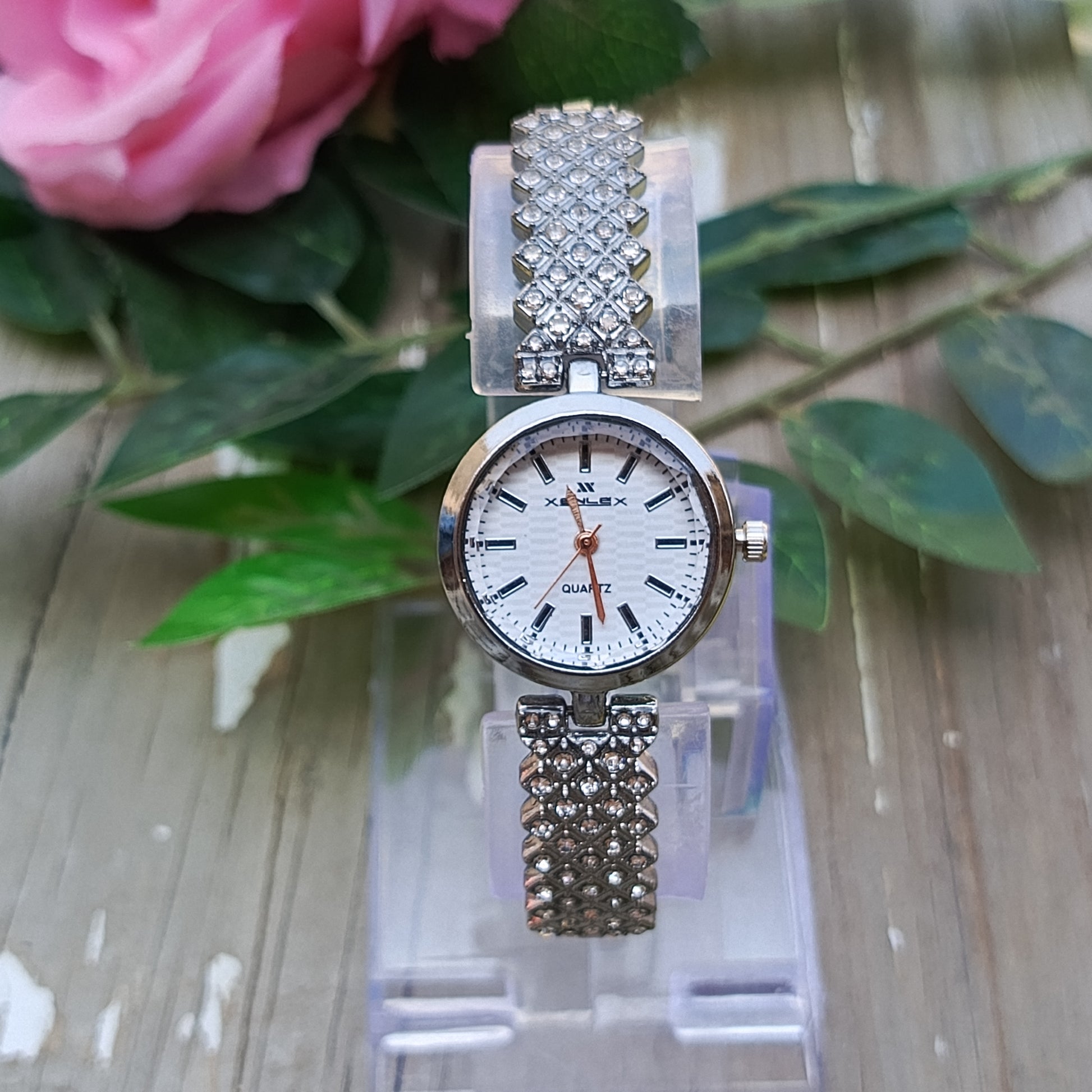 Silver Crystal Bracelet Watch for Women – White Dial Quartz Timepiece