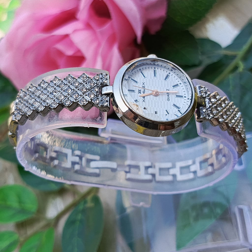 Silver Crystal Bracelet Watch for Women – White Dial Quartz Timepiece