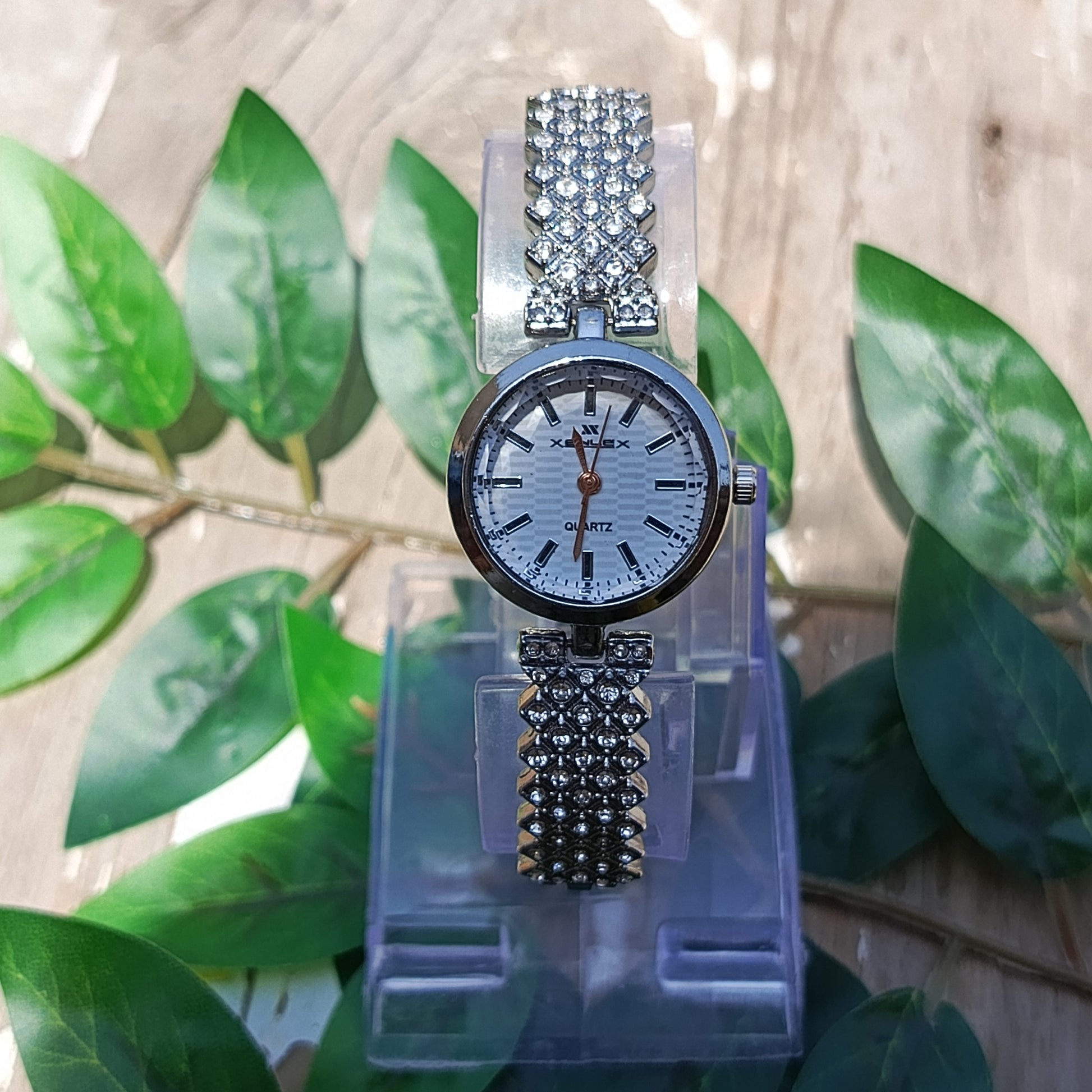 Silver Crystal Bracelet Watch for Women – White Dial Quartz Timepiece
